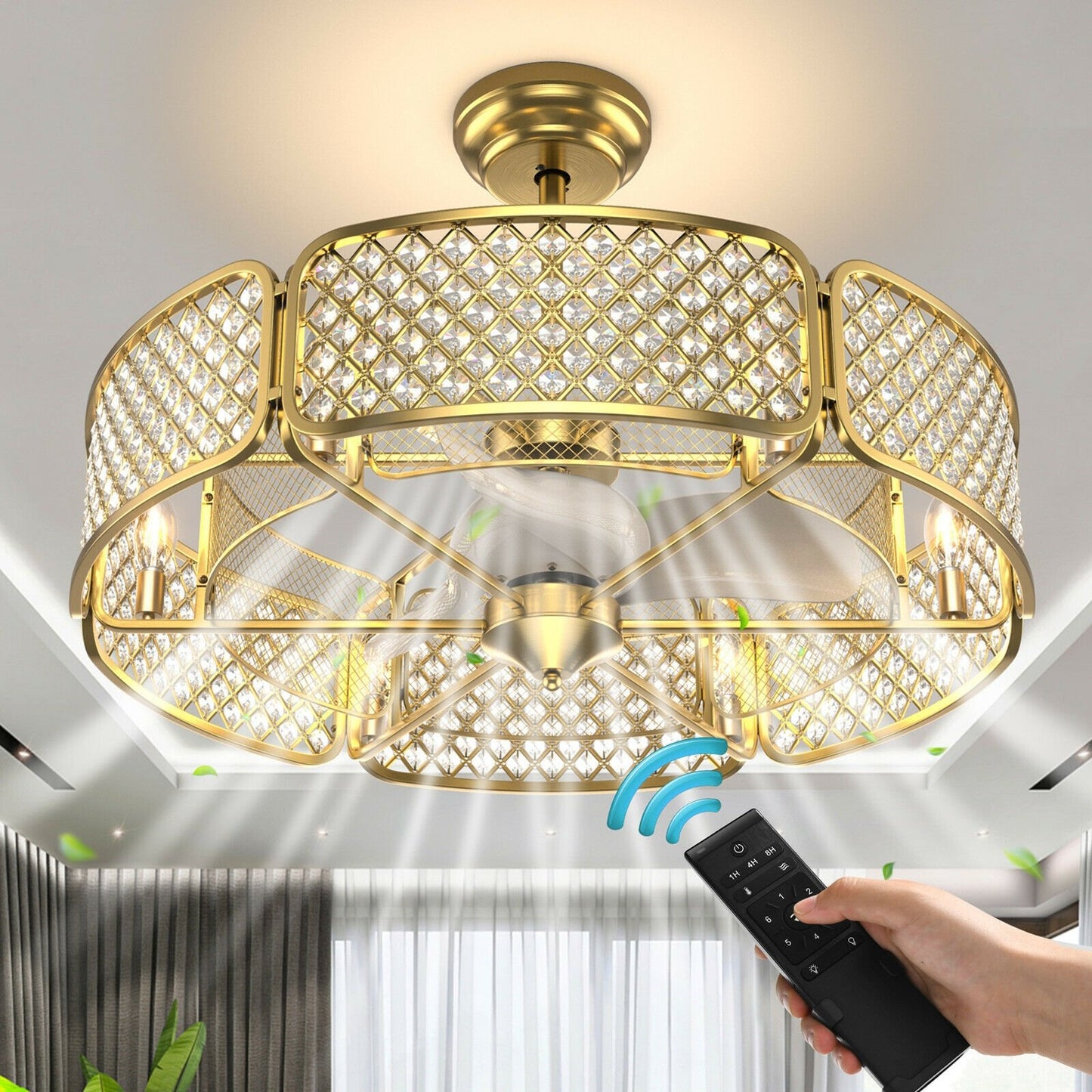 30 Inch Caged Ceiling Fan With Light Crystal Lampshade 6 Light Bases, Golden - Gallery Canada