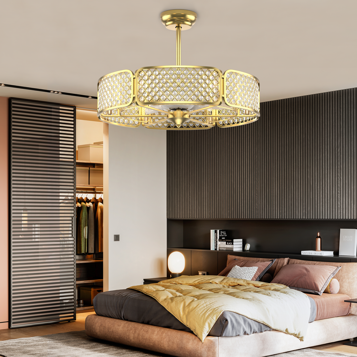 30 Inch Caged Ceiling Fan With Light Crystal Lampshade 6 Light Bases, Golden Ceiling Fans   at Gallery Canada