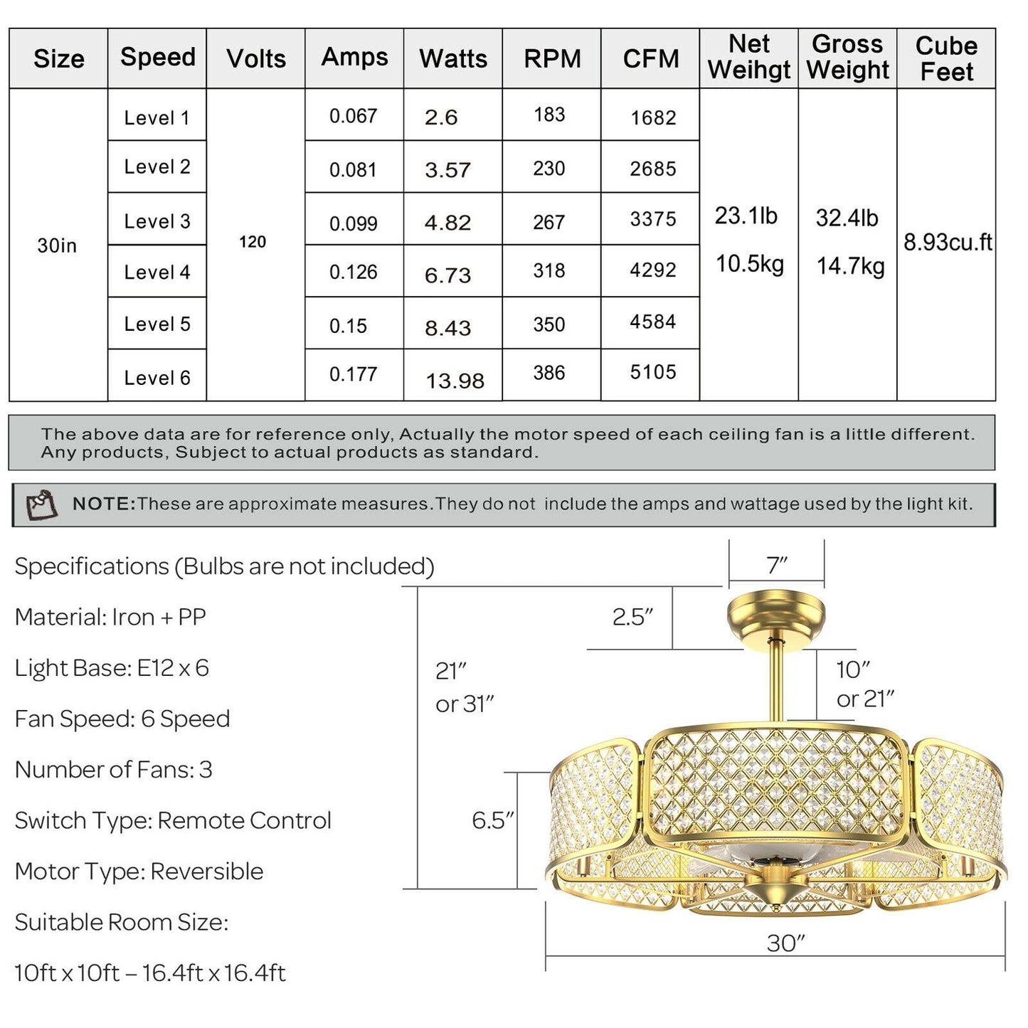 30 Inch Caged Ceiling Fan With Light Crystal Lampshade 6 Light Bases, Golden - Gallery Canada