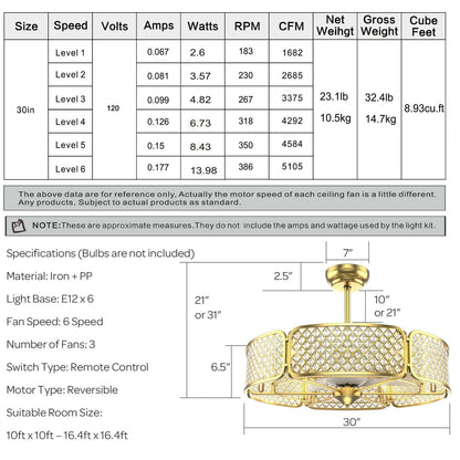 30 Inch Caged Ceiling Fan With Light Crystal Lampshade 6 Light Bases, Golden - Gallery Canada