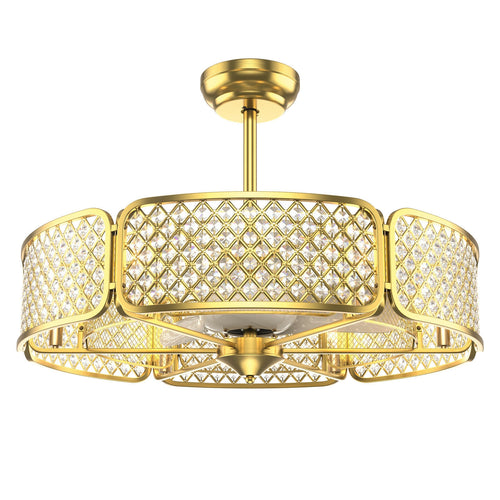 30 Inch Caged Ceiling Fan With Light Crystal Lampshade 6 Light Bases, Golden