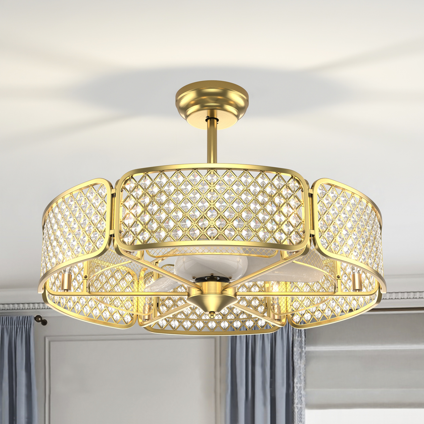 30 Inch Caged Ceiling Fan With Light Crystal Lampshade 6 Light Bases, Golden - Gallery Canada