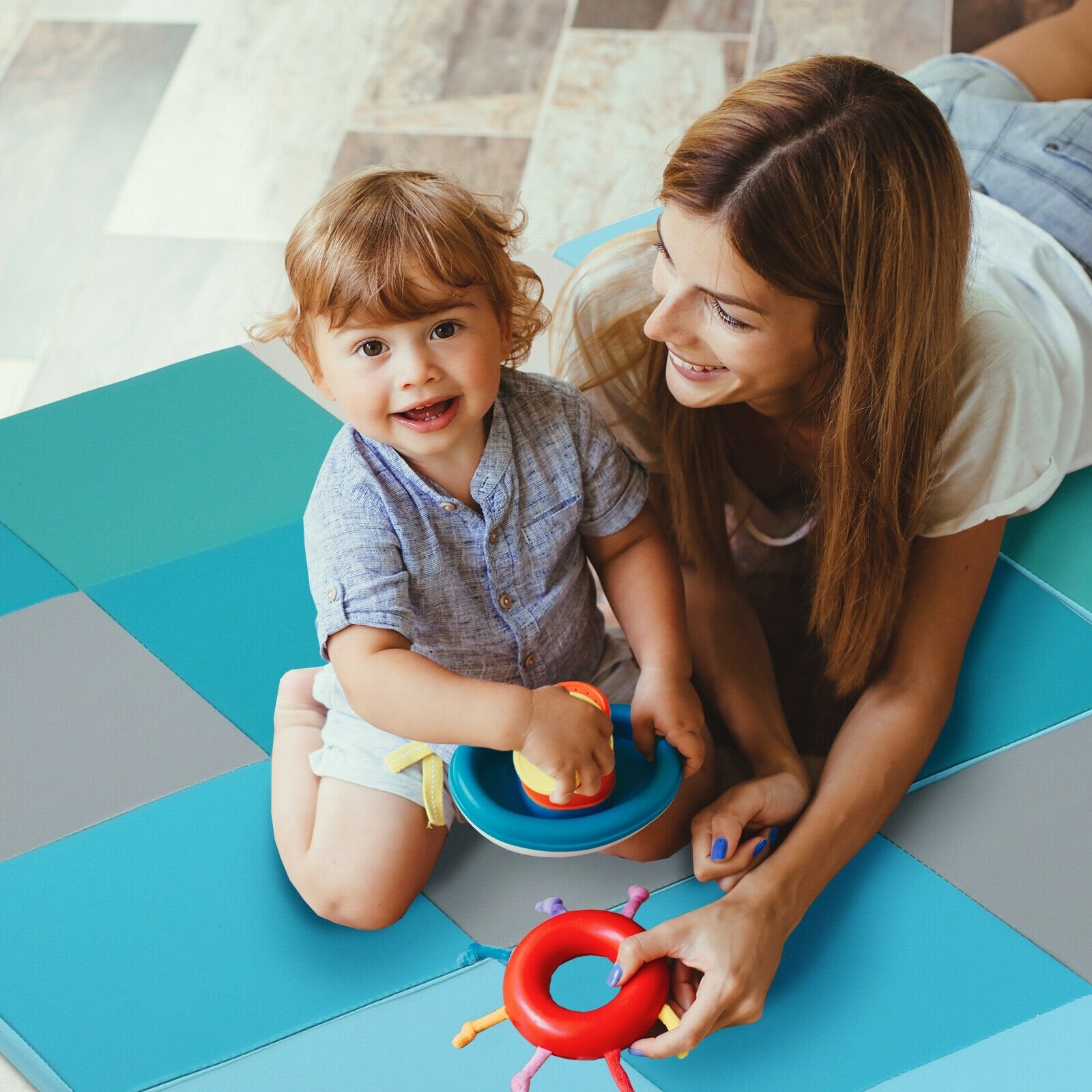 58 Inch Toddler Foam Play Mat Baby Folding Activity Floor Mat, Light Blue Baby Gyms & Playmats   at Gallery Canada