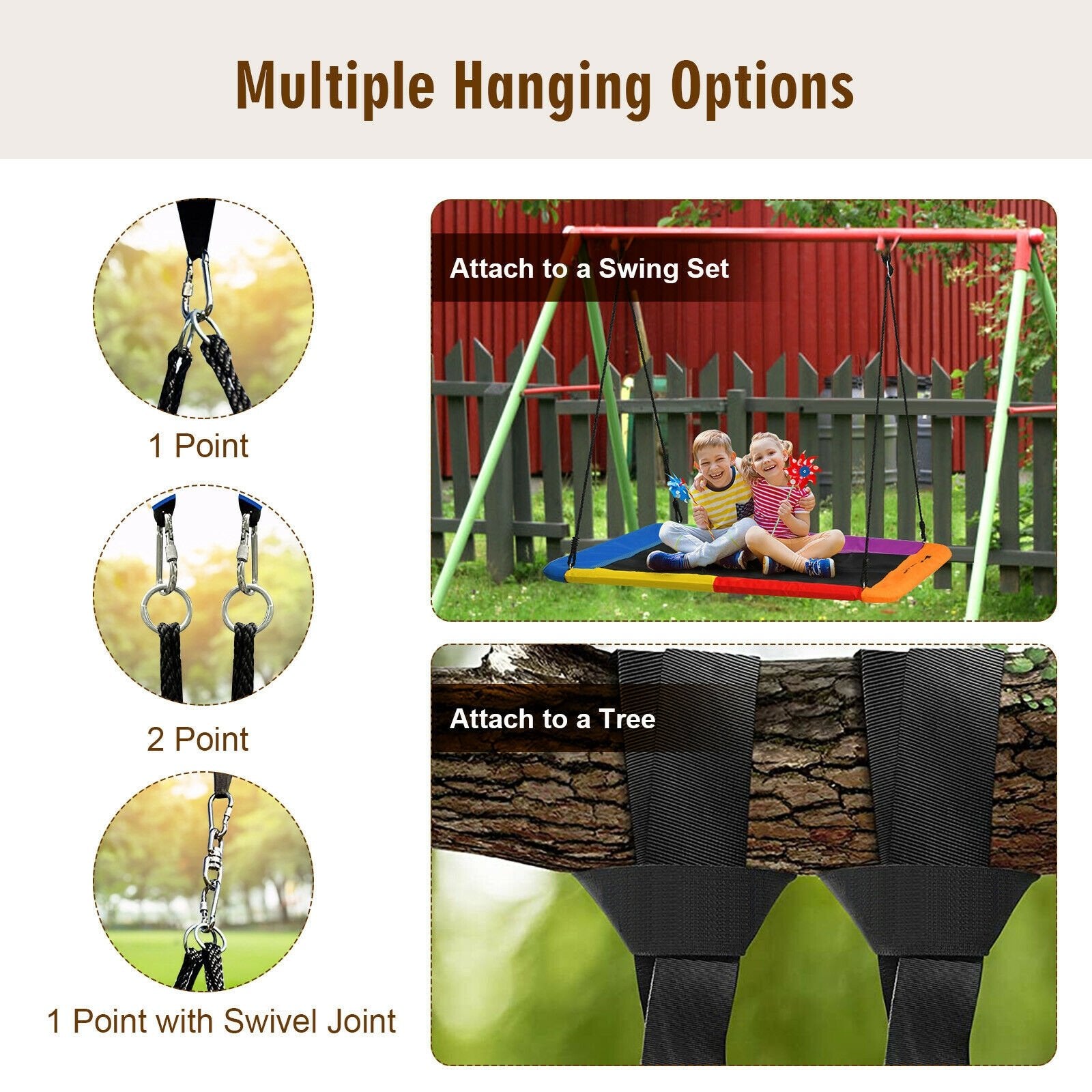 60 Inch Platform Tree Swing Outdoor with 2 Hanging Straps, Multicolor Swing & Playsets   at Gallery Canada