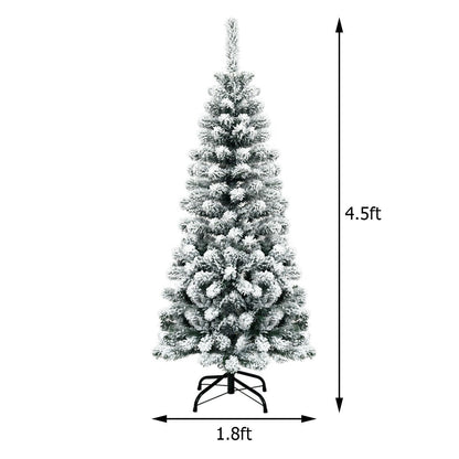 4.5 Feet Pre-Lit Snow Flocked Pencil Christmas Tree with 150 LED Light, Green Christmas Tree   at Gallery Canada