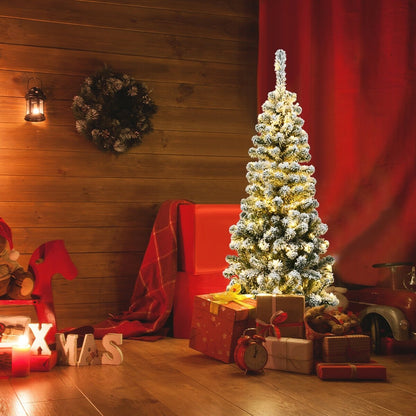 4.5 Feet Pre-Lit Snow Flocked Pencil Christmas Tree with 150 LED Light, Green Christmas Tree   at Gallery Canada