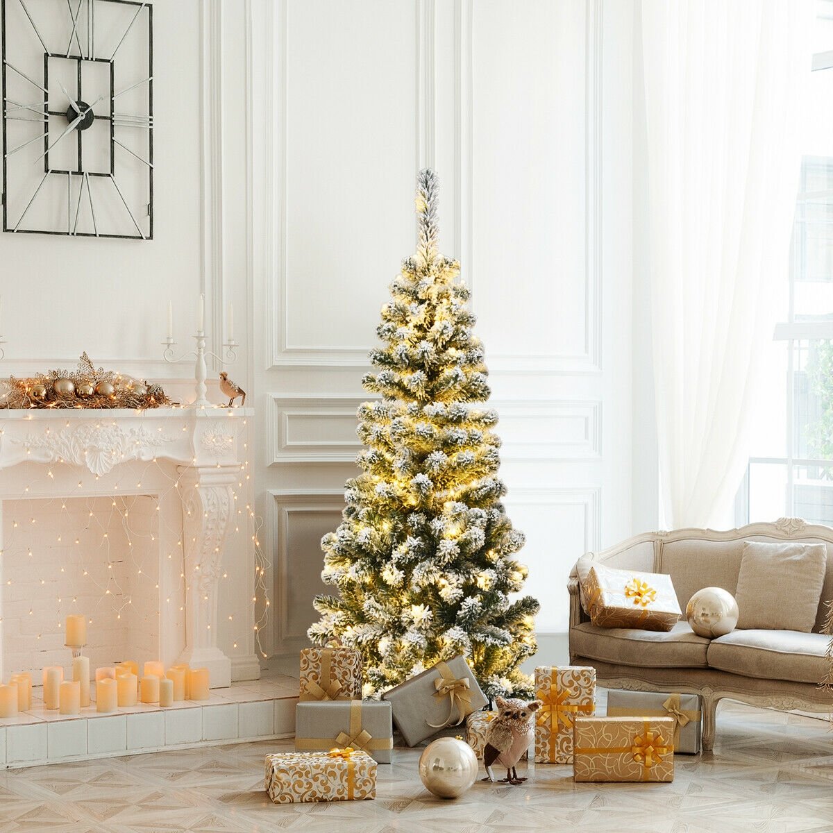 4.5 Feet Pre-Lit Snow Flocked Pencil Christmas Tree with 150 LED Light, Green Christmas Tree   at Gallery Canada