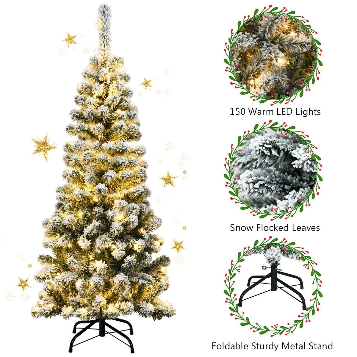 4.5 Feet Pre-Lit Snow Flocked Pencil Christmas Tree with 150 LED Light, Green Christmas Tree   at Gallery Canada