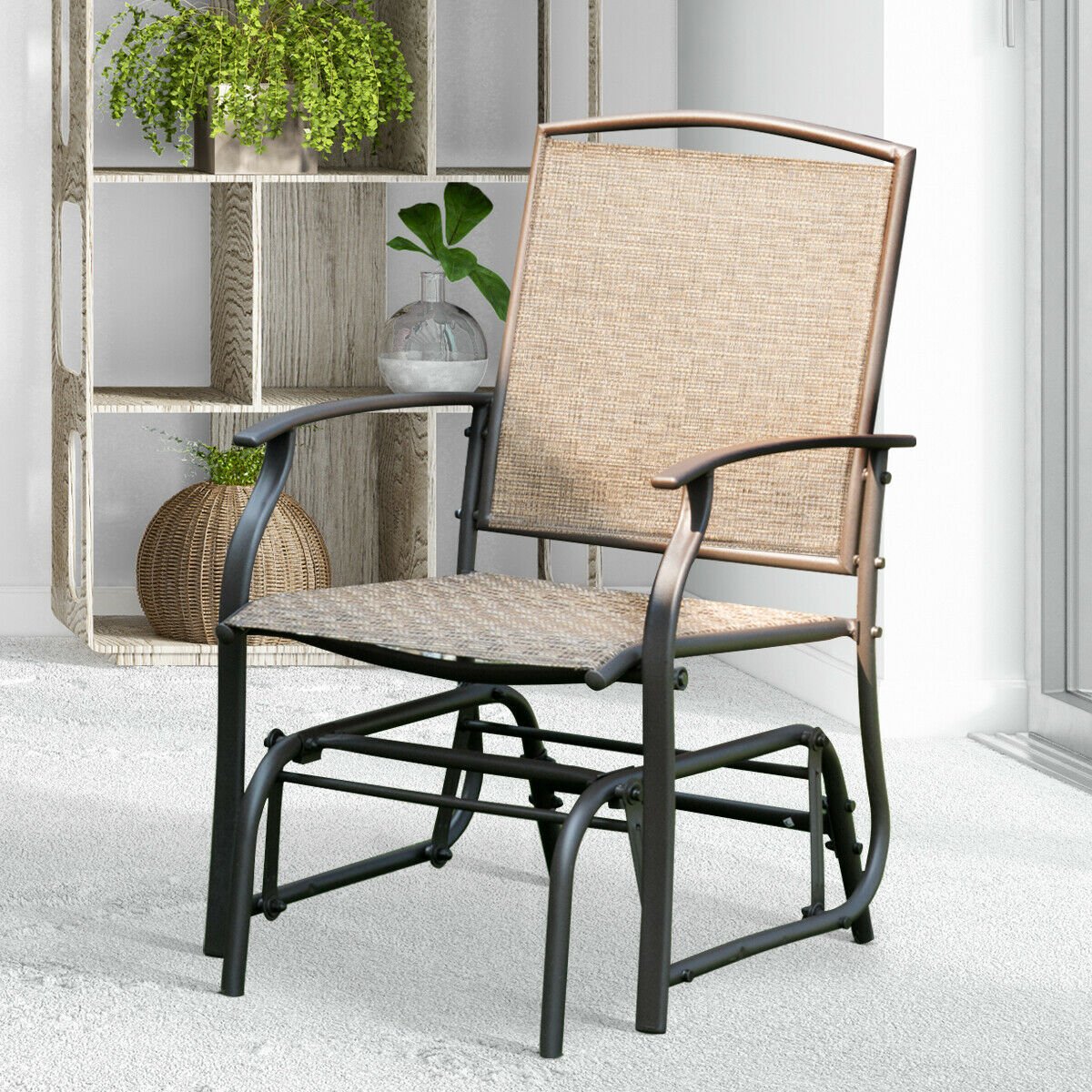 Steel Frame Garden Swing Single Glider Chair Rocking Seating, Brown Patio Rocking Chairs & Gliders   at Gallery Canada