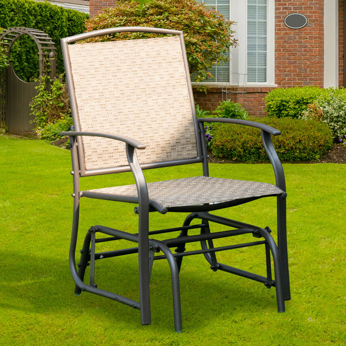 Steel Frame Garden Swing Single Glider Chair Rocking Seating, Brown Patio Rocking Chairs & Gliders   at Gallery Canada