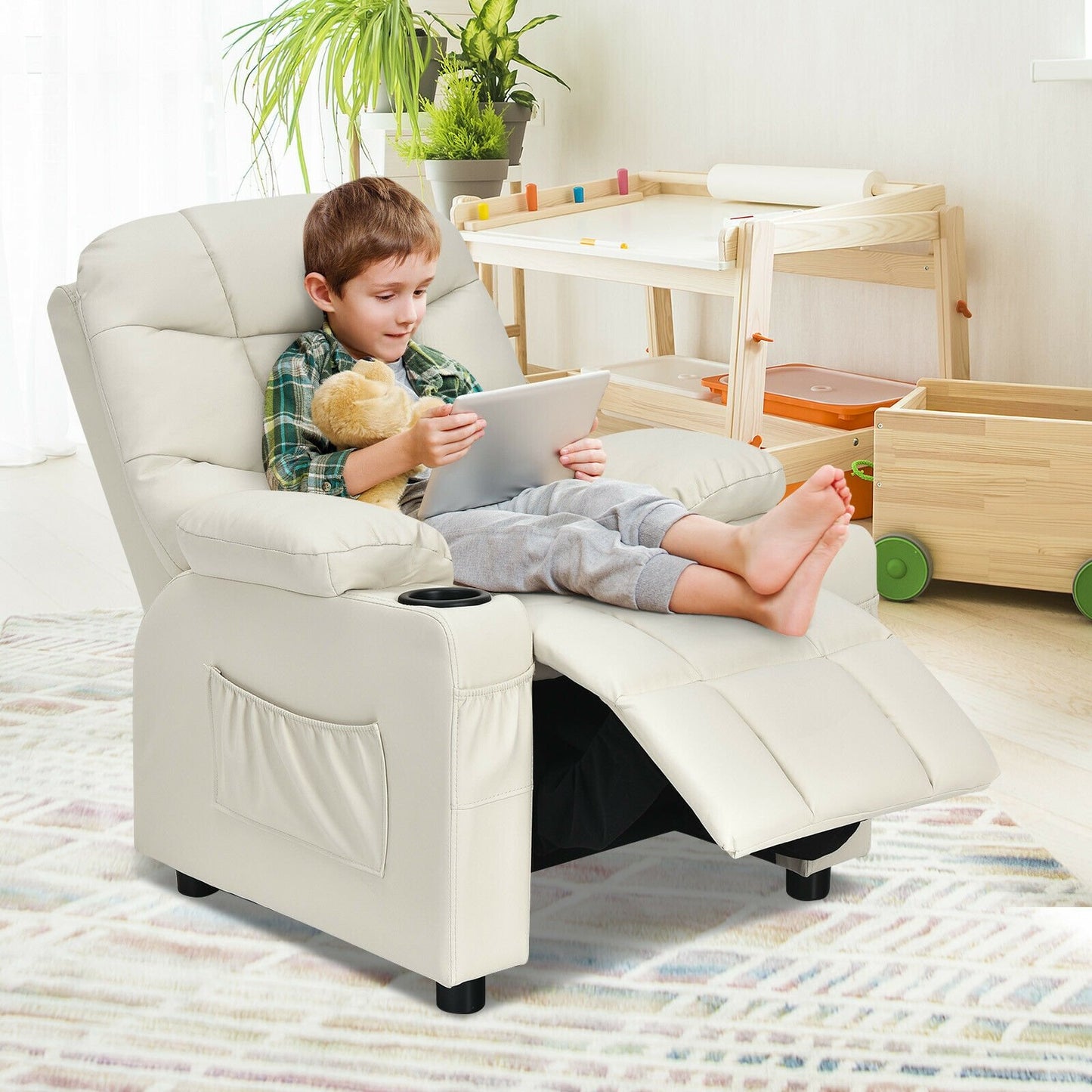 Kids Recliner Chair with Cup Holder and Footrest for Children, Beige Kids Chairs & Seating   at Gallery Canada