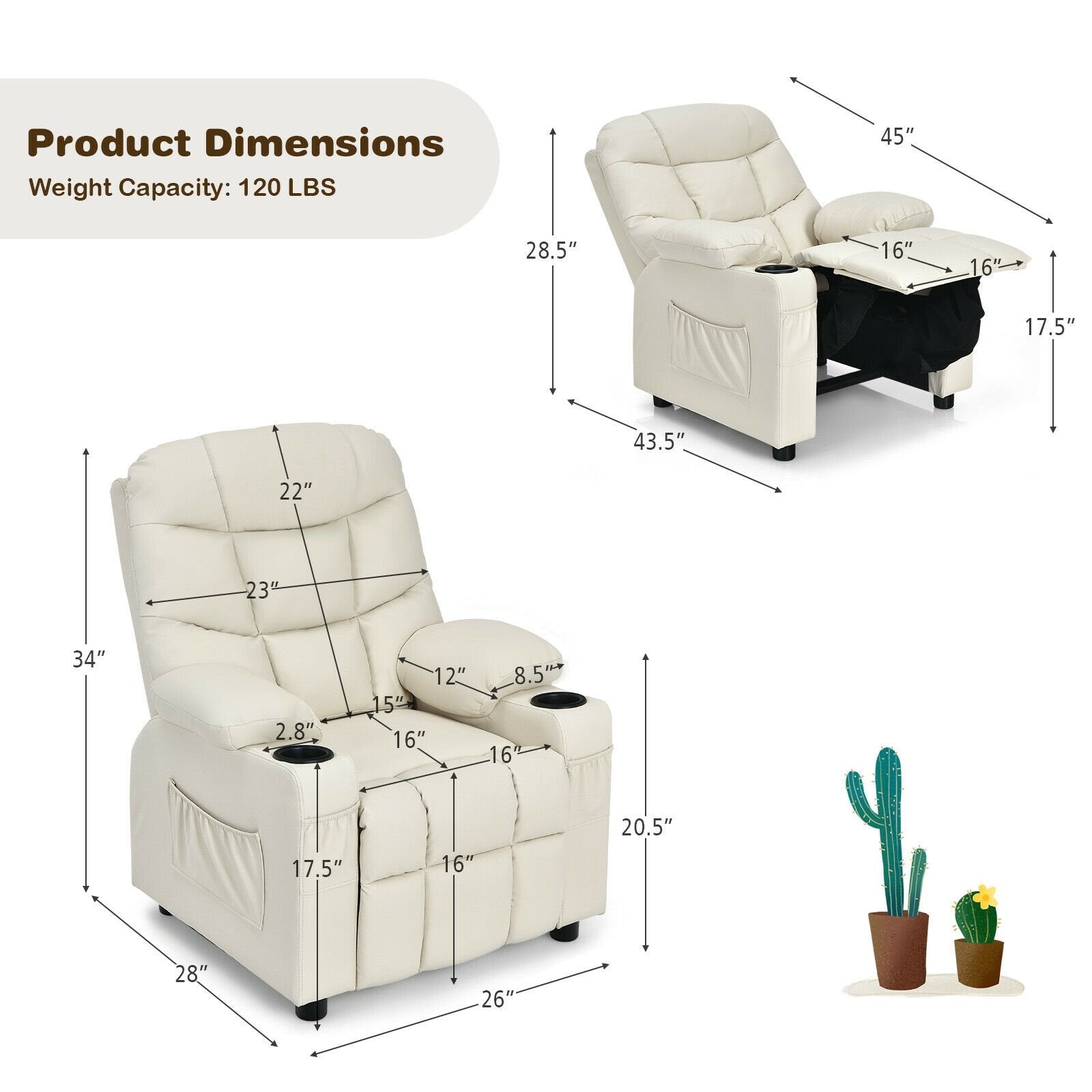 Kids Recliner Chair with Cup Holder and Footrest for Children, Beige Kids Chairs & Seating   at Gallery Canada