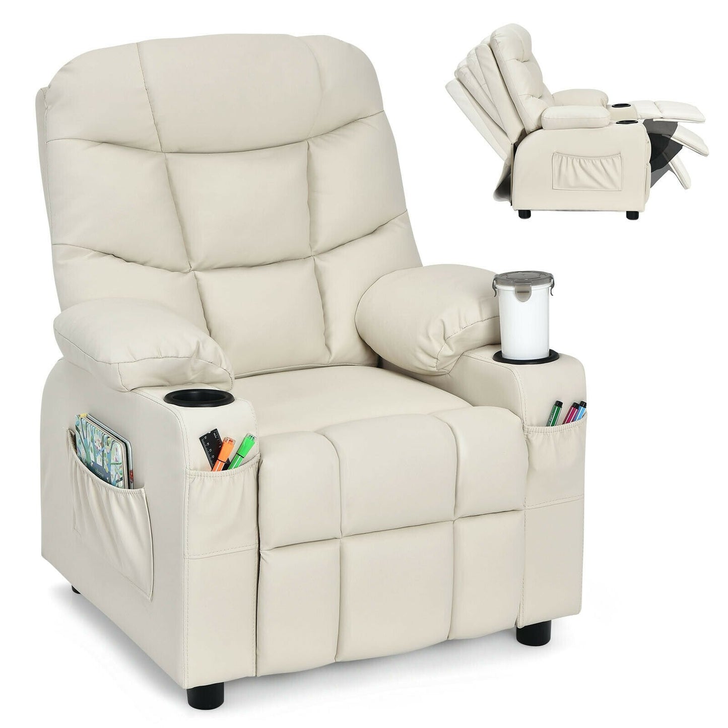 Kids Recliner Chair with Cup Holder and Footrest for Children, Beige Kids Chairs & Seating   at Gallery Canada