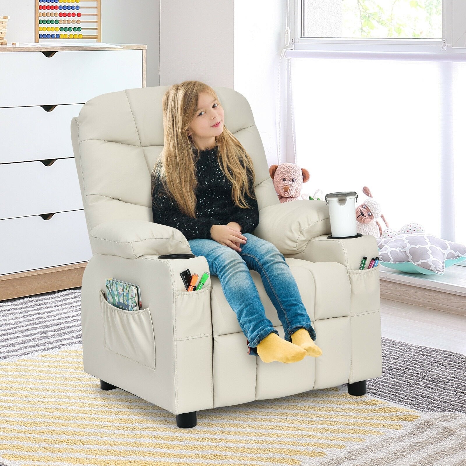 Kids Recliner Chair with Cup Holder and Footrest for Children, Beige - Gallery Canada