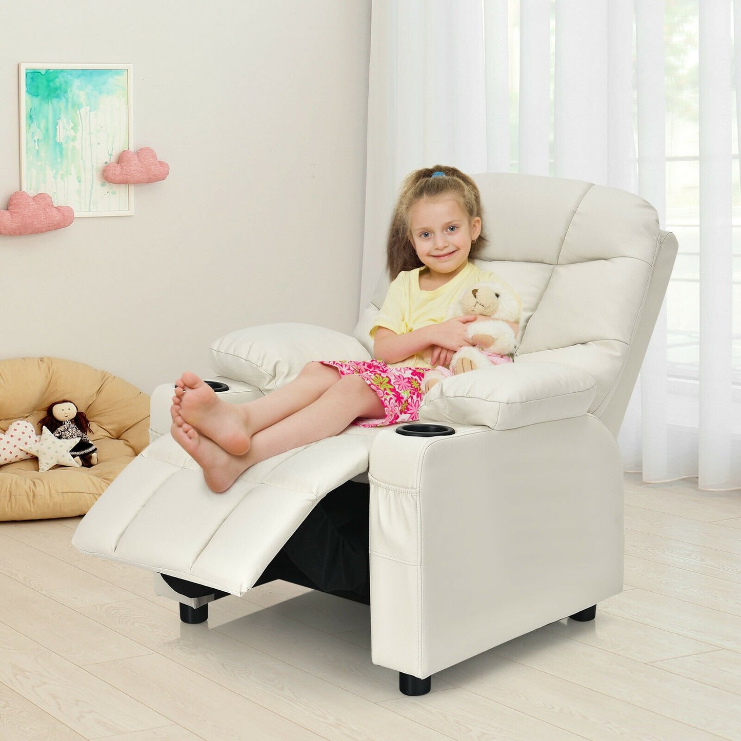 Kids Recliner Chair with Cup Holder and Footrest for Children, Beige Kids Chairs & Seating   at Gallery Canada