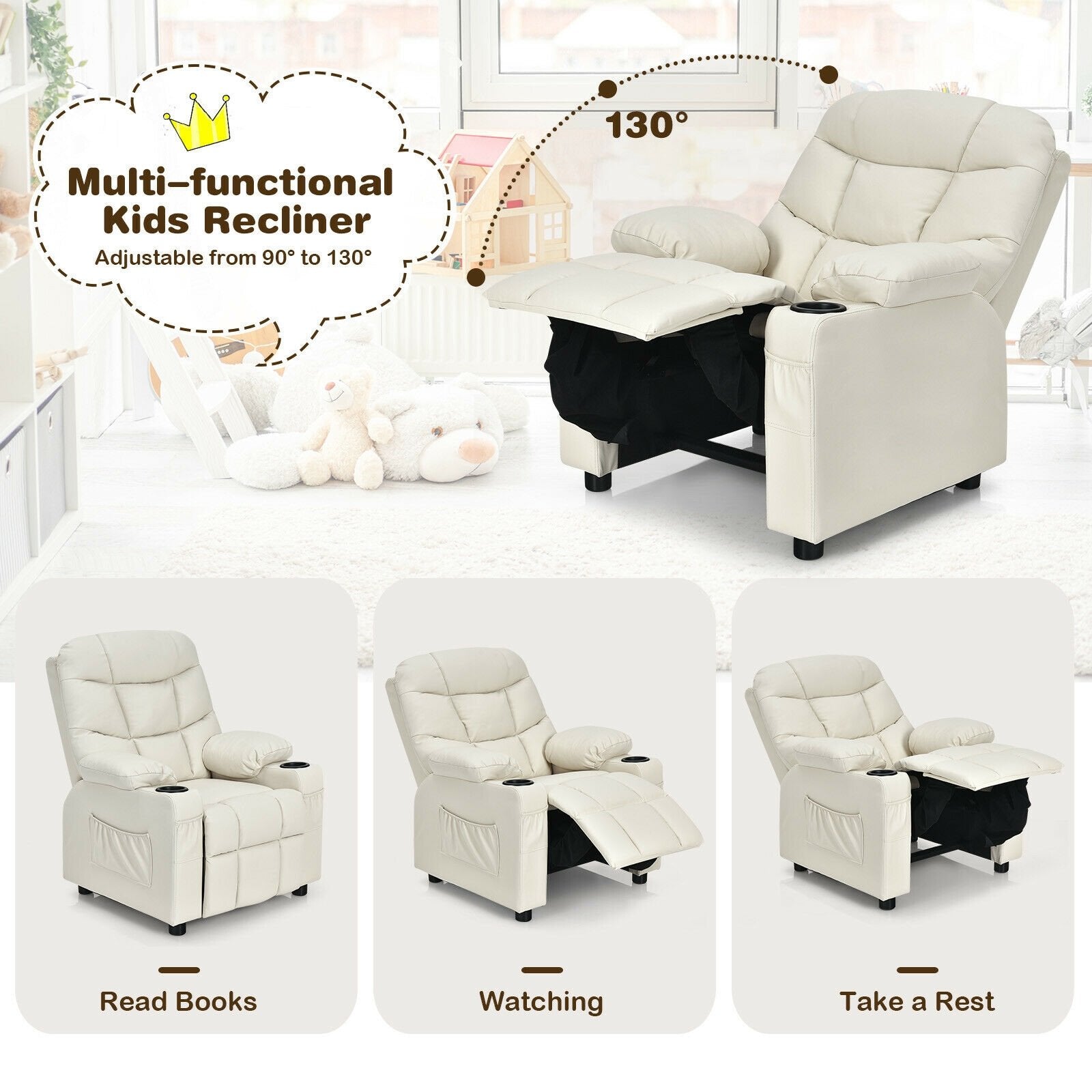 Kids Recliner Chair with Cup Holder and Footrest for Children, Beige - Gallery Canada