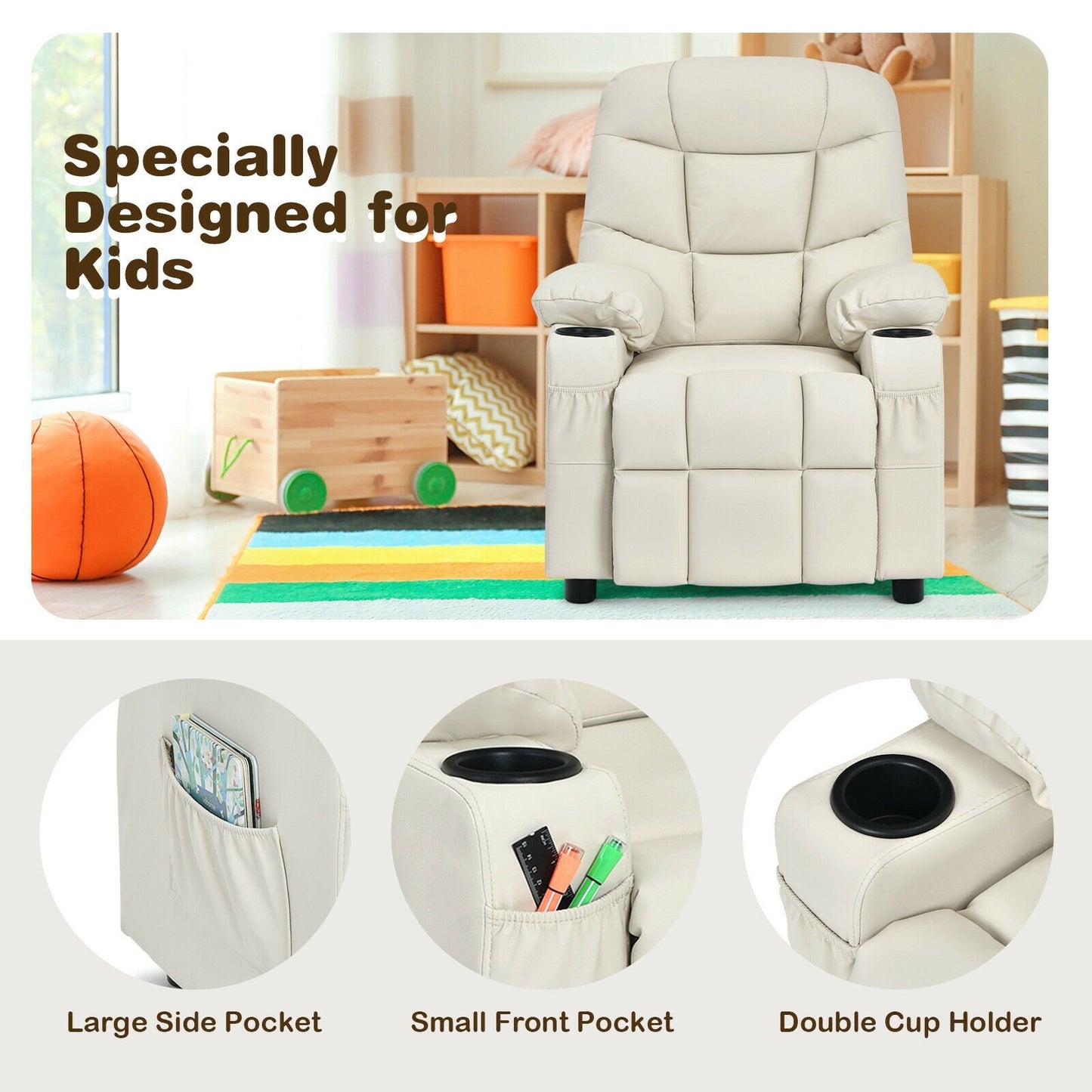 Kids Recliner Chair with Cup Holder and Footrest for Children, Beige Kids Chairs & Seating   at Gallery Canada