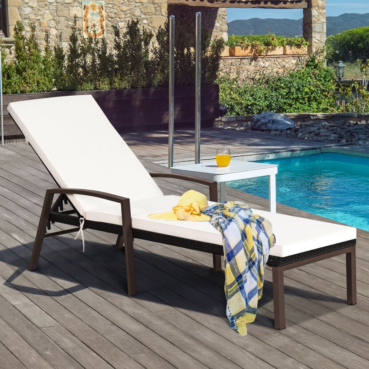 Patio Rattan Lounge Chaise Recliner with Back Adjustable Cushioned, White Outdoor Chaise Lounges   at Gallery Canada