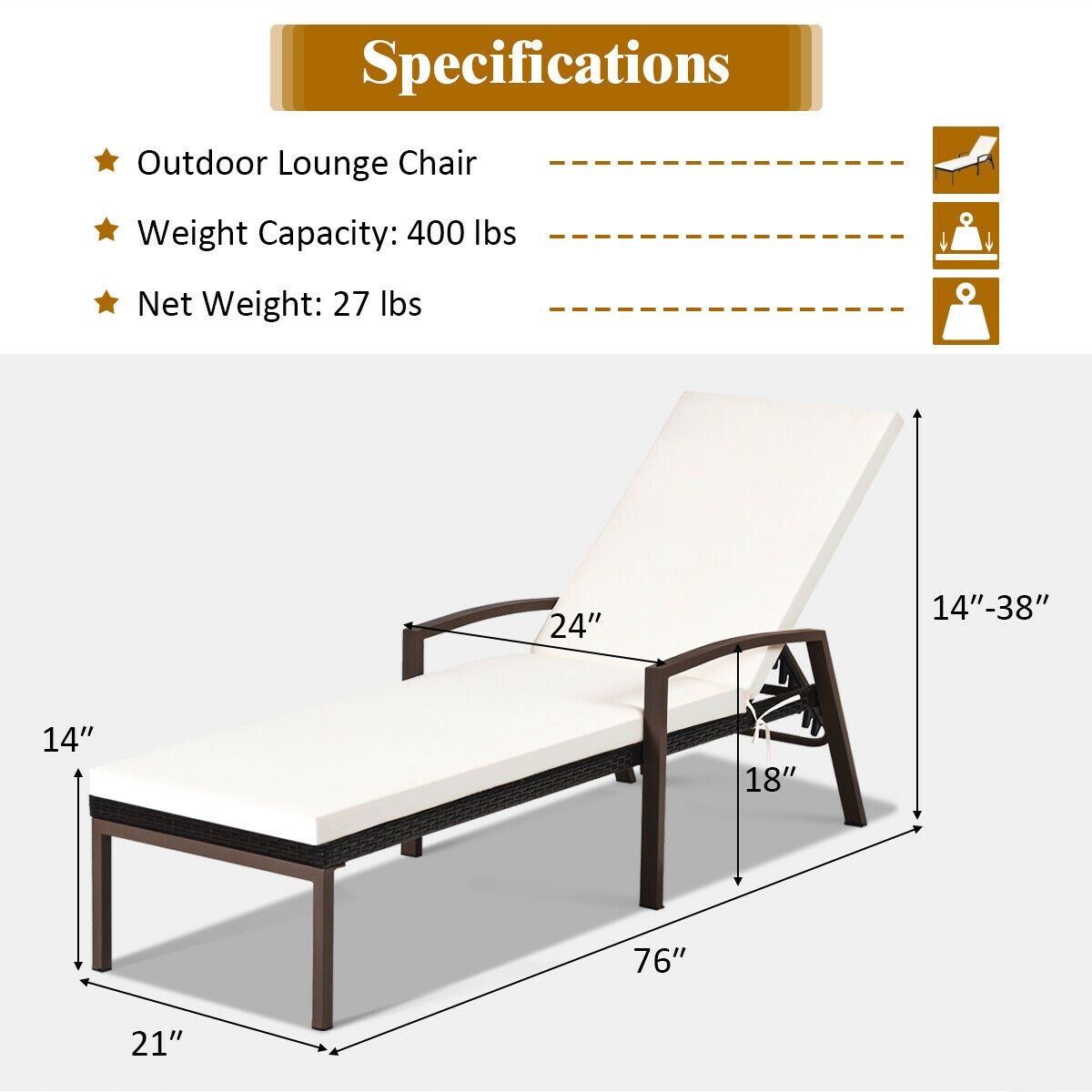 Patio Rattan Lounge Chaise Recliner with Back Adjustable Cushioned, White Outdoor Chaise Lounges   at Gallery Canada