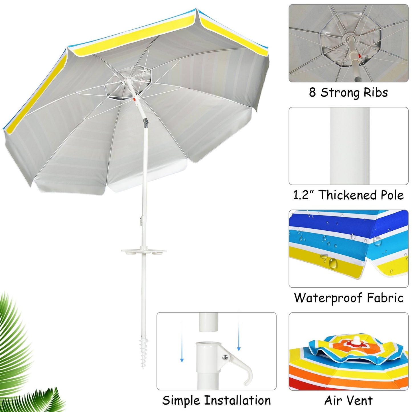 7.2 Feet Portable Outdoor Beach Umbrella with Sand Anchor and Tilt Mechanism for  Poolside and Garden, Multicolor - Gallery Canada