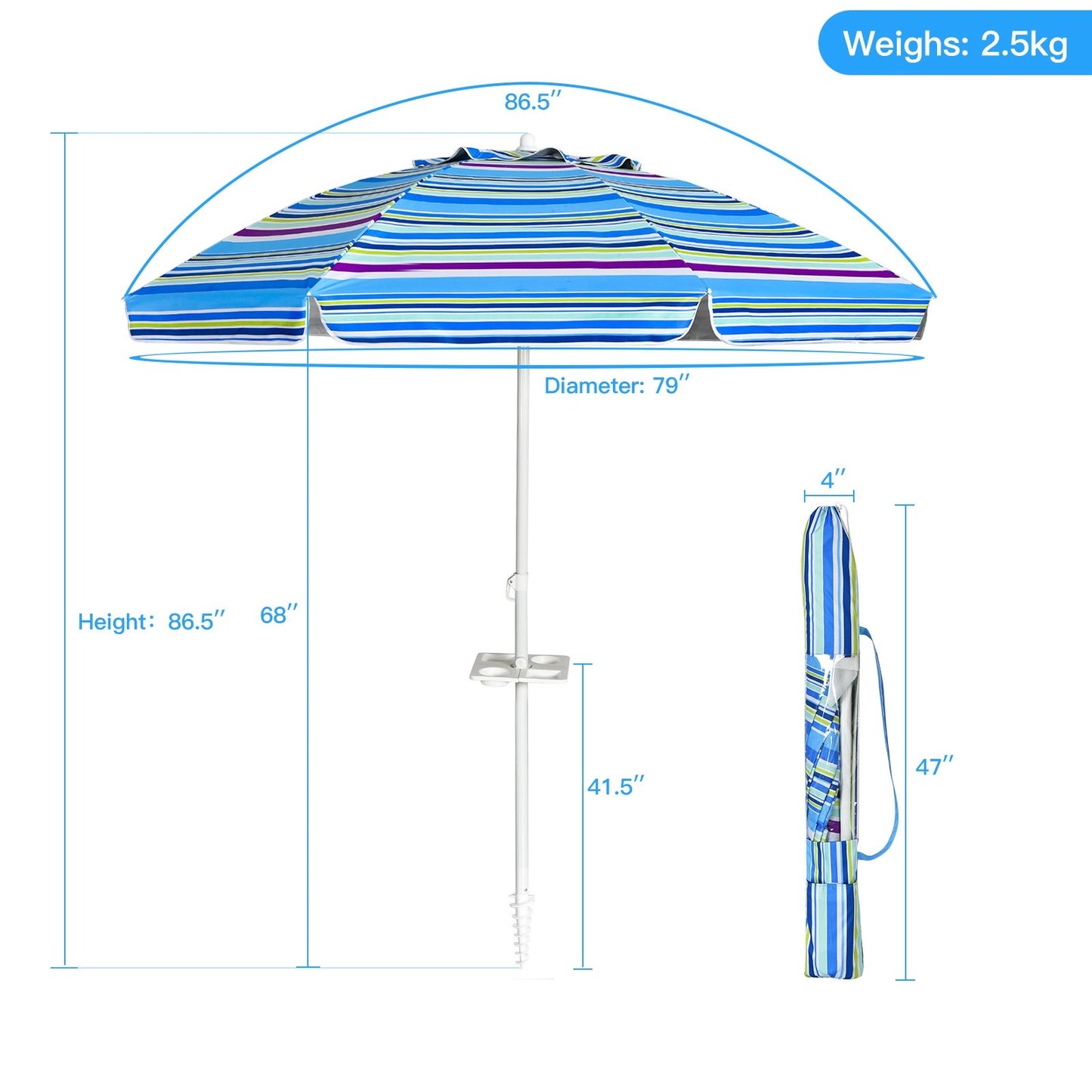 7.2 Feet Portable Outdoor Beach Umbrella with Sand Anchor and Tilt Mechanism, Blue - Gallery Canada