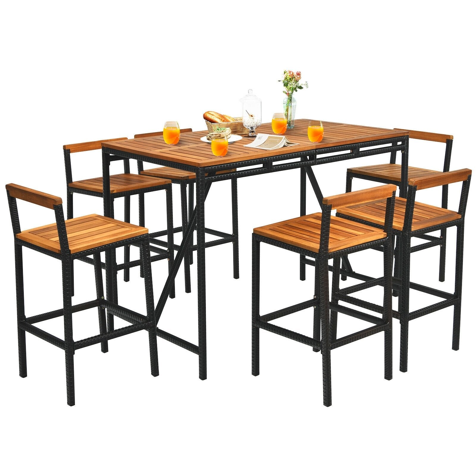 7 Pieces Acacia Wood Patio Rattan Bar Set with Umbrella Hole, Brown Patio Dining Sets   at Gallery Canada