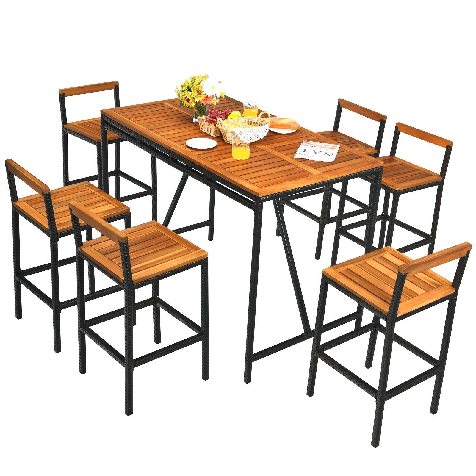 7 Pieces Acacia Wood Patio Rattan Bar Set with Umbrella Hole, Brown Patio Dining Sets   at Gallery Canada