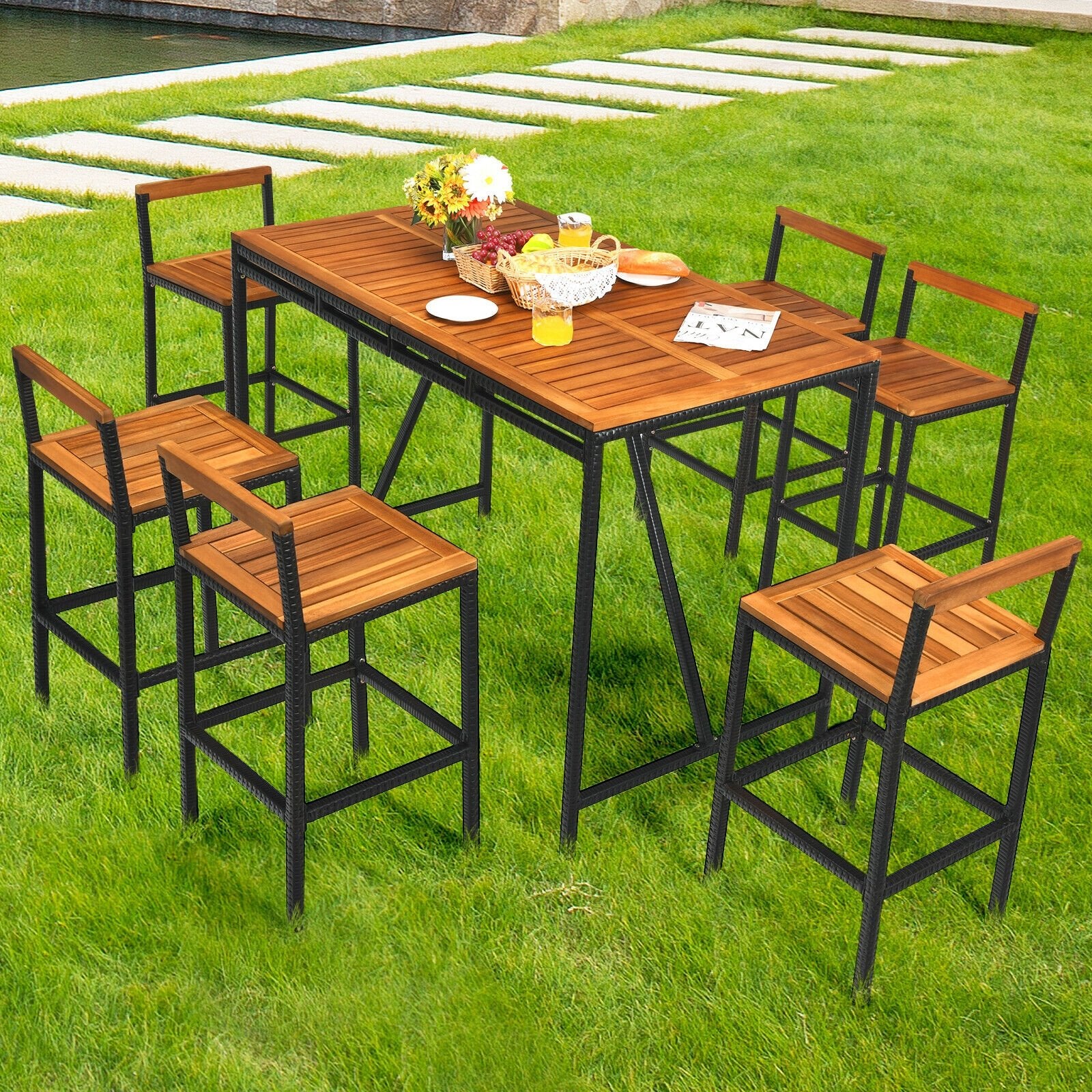 7 Pieces Acacia Wood Patio Rattan Bar Set with Umbrella Hole, Brown Patio Dining Sets   at Gallery Canada