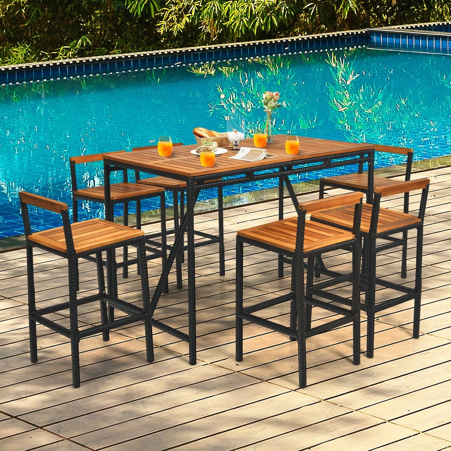 7 Pieces Acacia Wood Patio Rattan Bar Set with Umbrella Hole, Brown Patio Dining Sets   at Gallery Canada