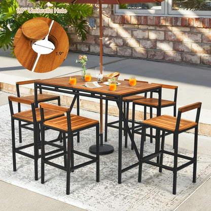 7 Pieces Acacia Wood Patio Rattan Bar Set with Umbrella Hole, Brown Patio Dining Sets   at Gallery Canada