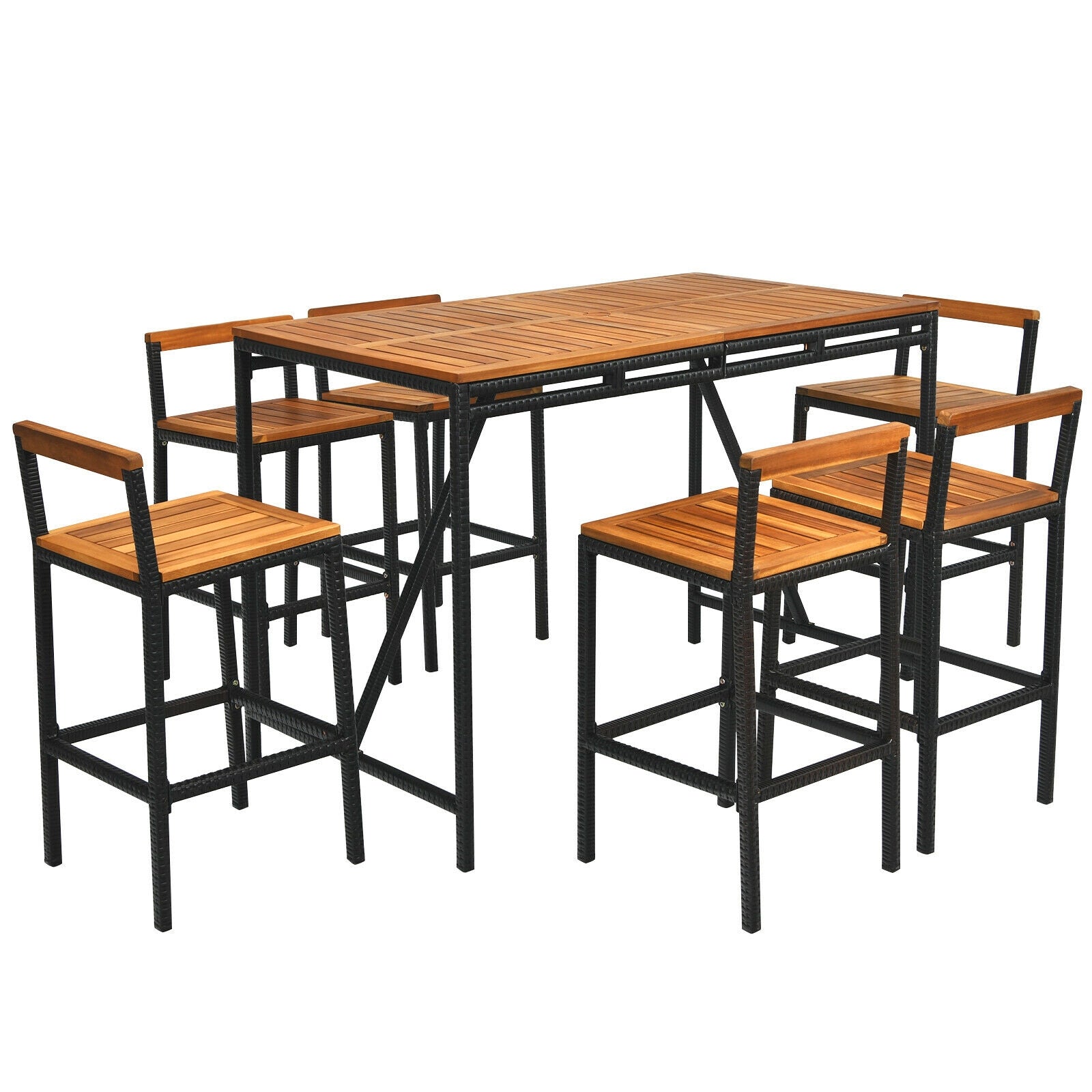 7 Pieces Acacia Wood Patio Rattan Bar Set with Umbrella Hole, Brown Patio Dining Sets at Gallery Canada
