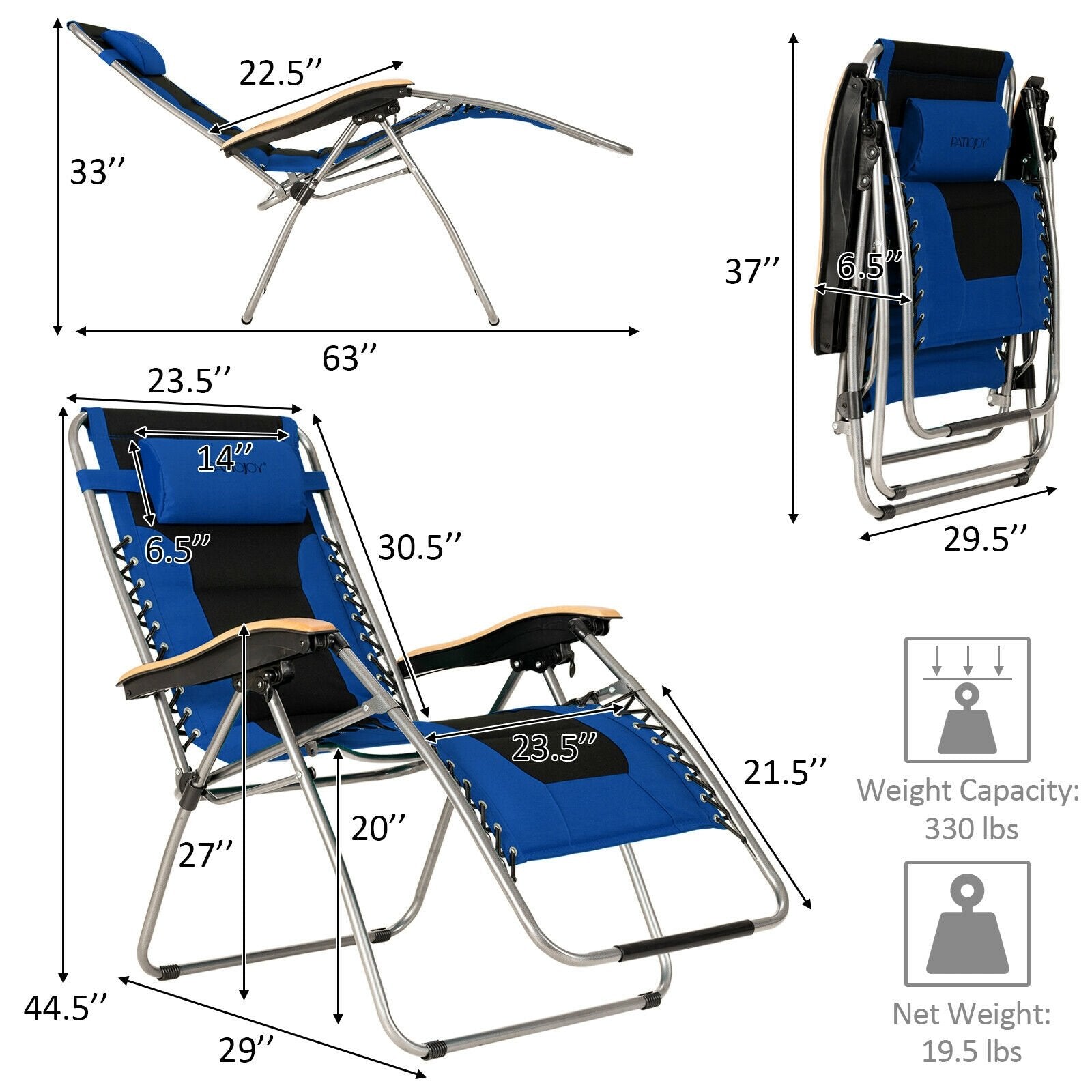 Oversize Folding Adjustable Padded Zero Gravity Lounge Chair, Blue Beach & Lawn Chairs   at Gallery Canada