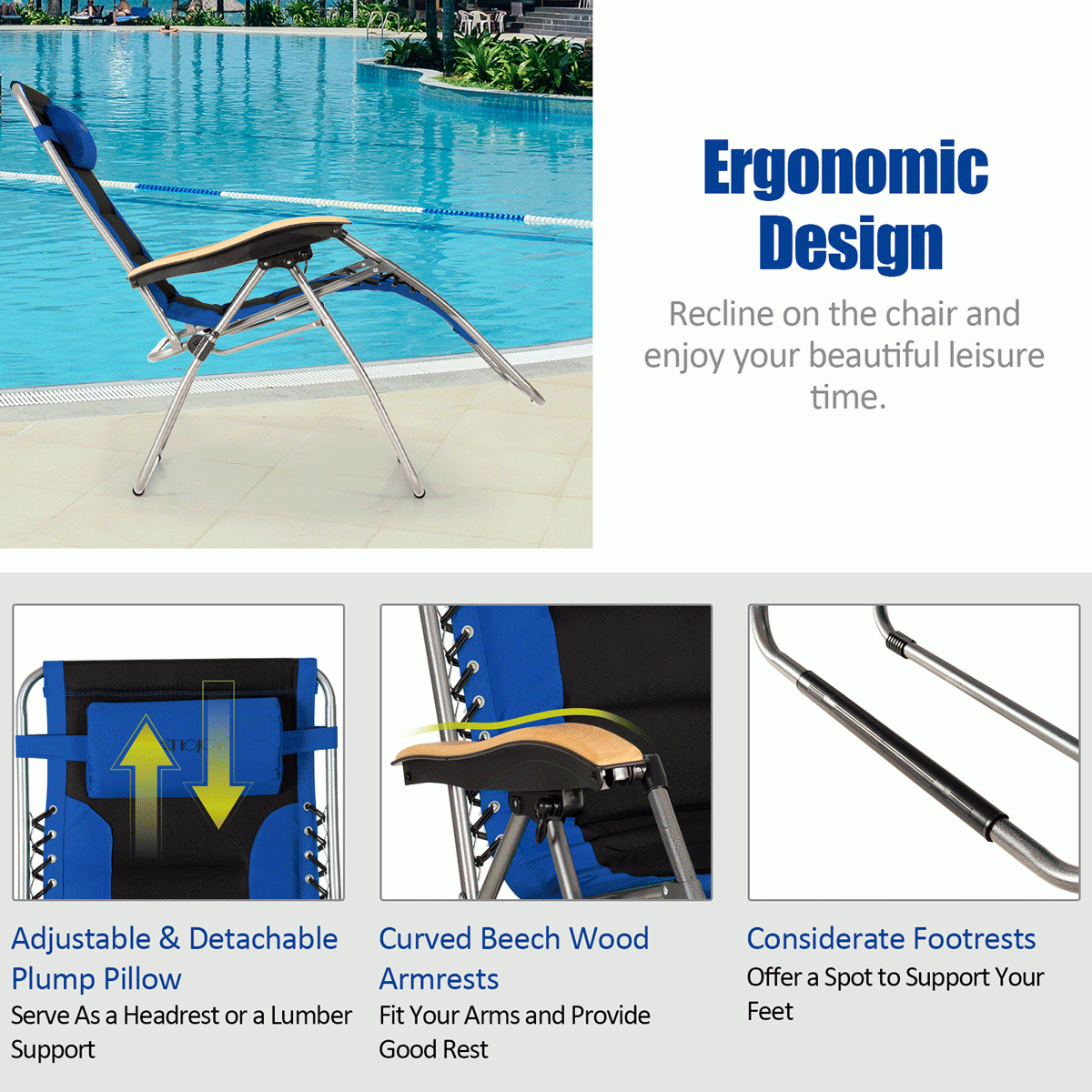 Oversize Folding Adjustable Padded Zero Gravity Lounge Chair, Blue Beach & Lawn Chairs   at Gallery Canada