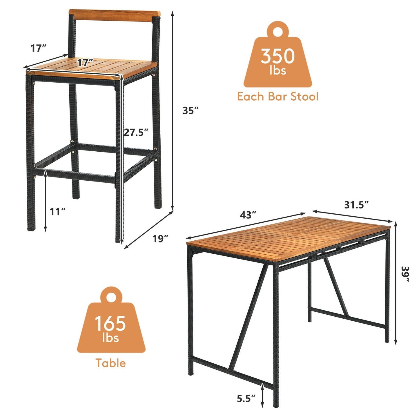 5 Pieces Outdoor Acacia Wood and PE Rattan Bar Set, Brown Patio Bar Furniture   at Gallery Canada