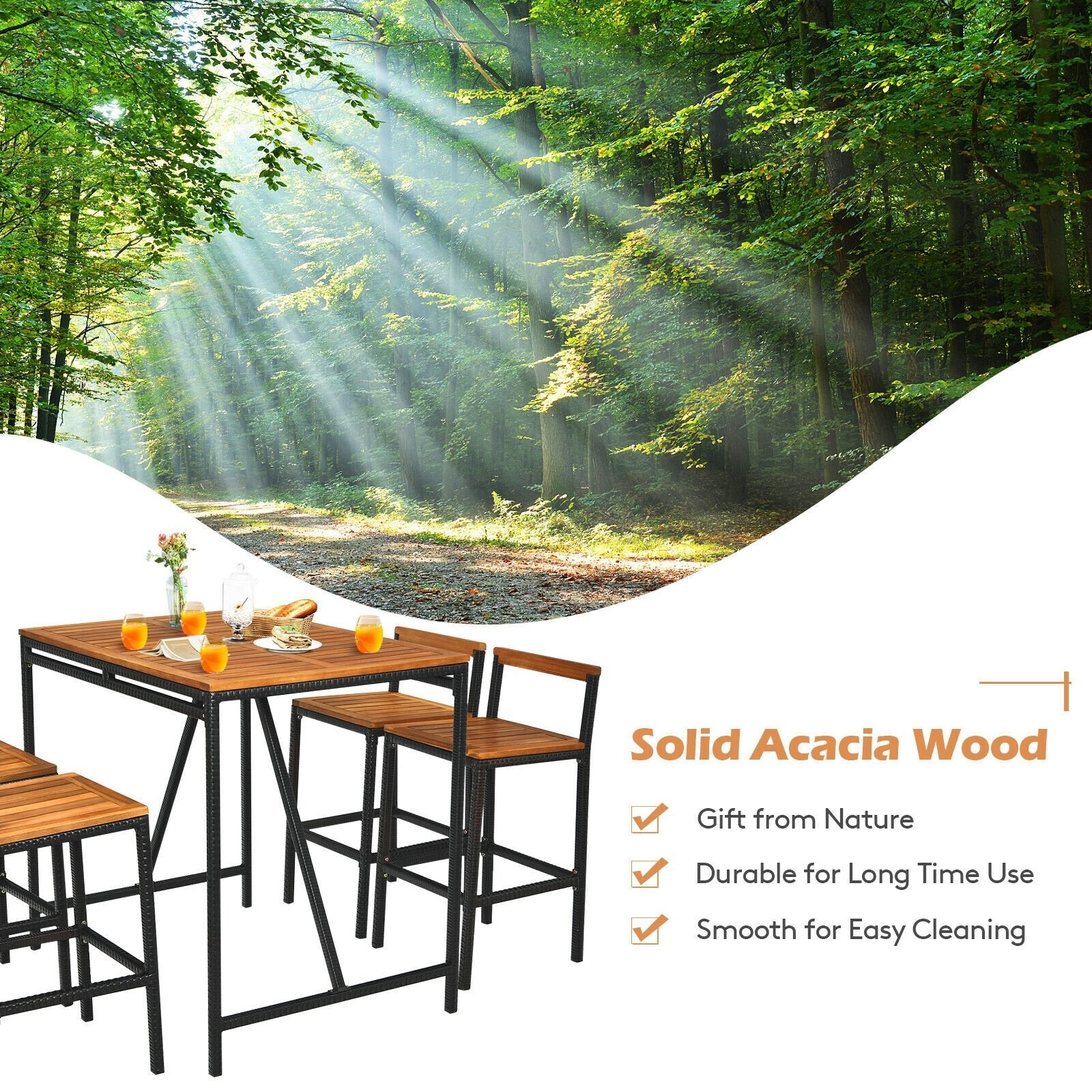 5 Pieces Outdoor Acacia Wood and PE Rattan Bar Set, Brown Patio Bar Furniture   at Gallery Canada