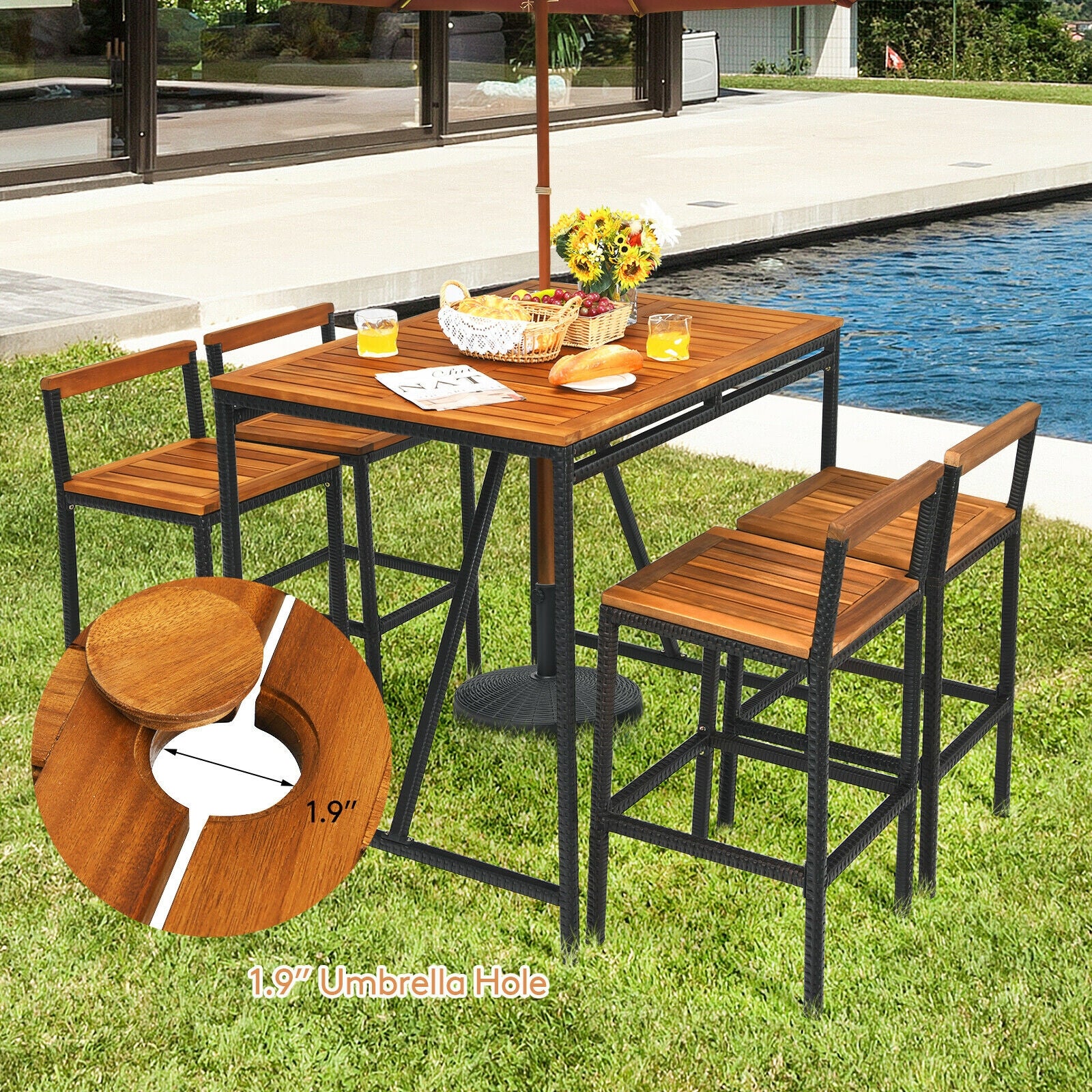 5 Pieces Outdoor Acacia Wood and PE Rattan Bar Set, Brown Patio Bar Furniture at Gallery Canada