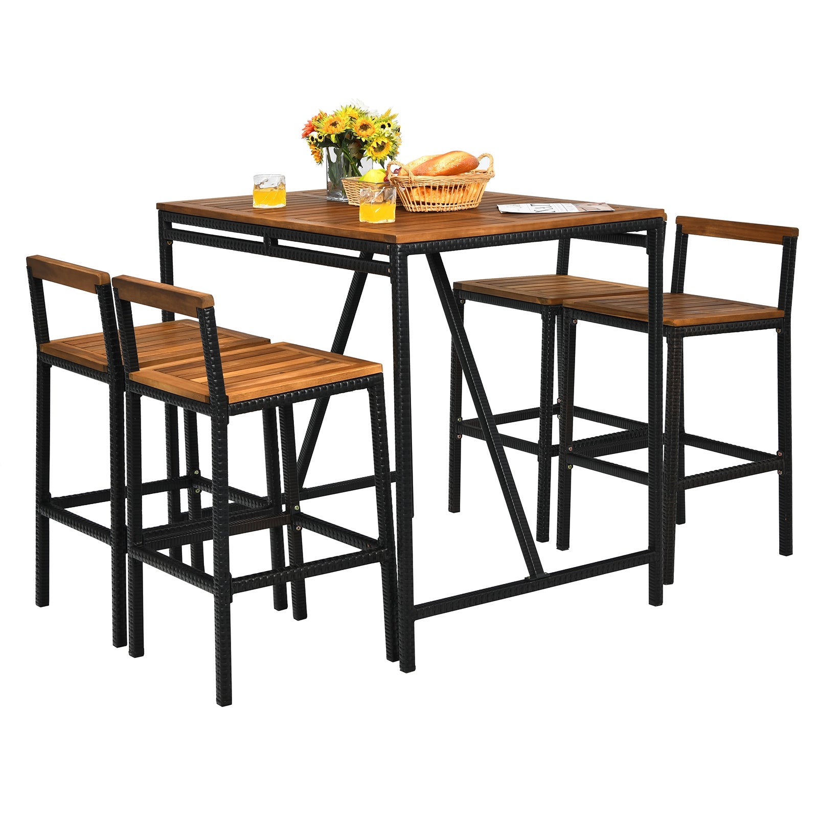 5 Pieces Outdoor Acacia Wood and PE Rattan Bar Set, Brown Patio Bar Furniture at Gallery Canada