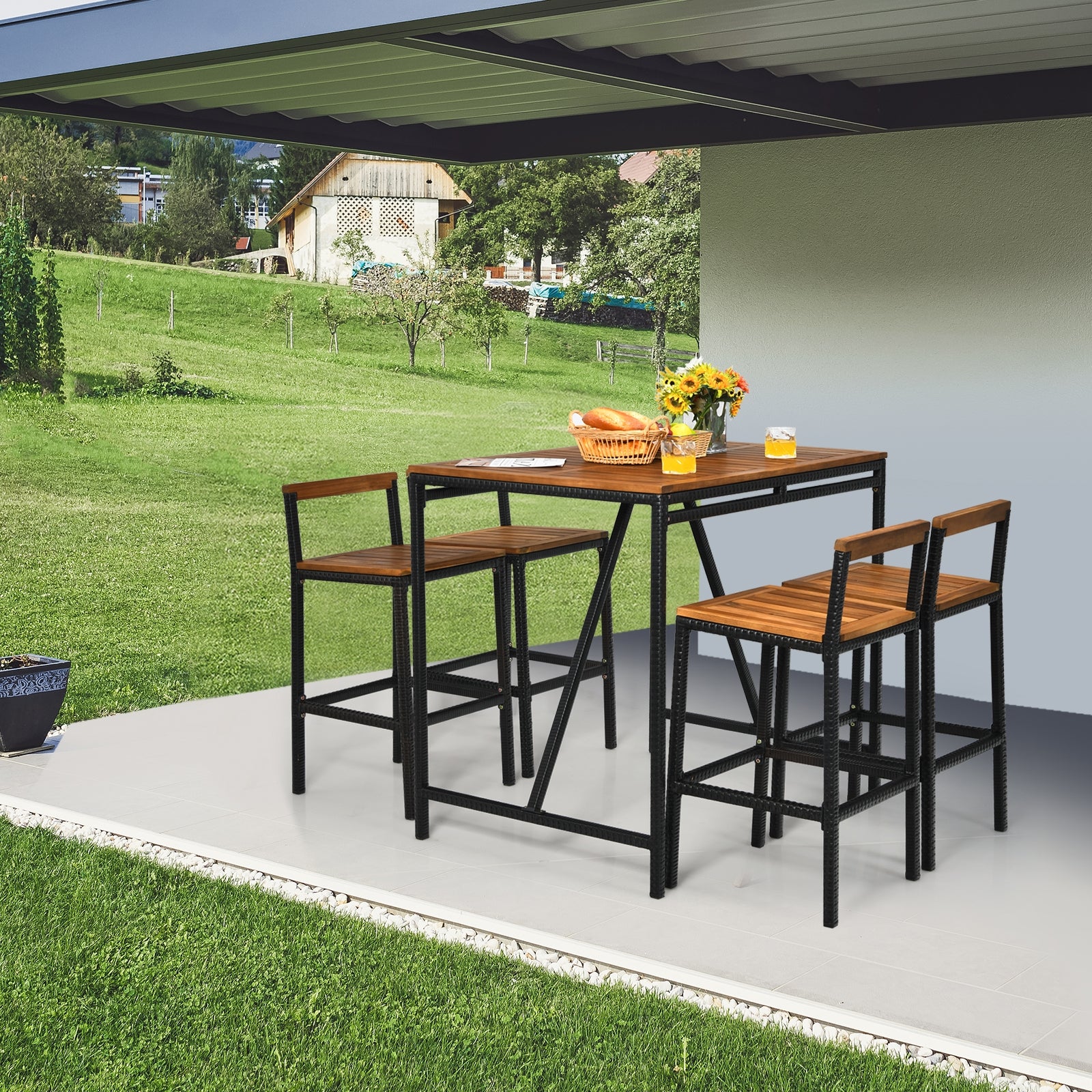 5 Pieces Outdoor Acacia Wood and PE Rattan Bar Set, Brown Patio Bar Furniture at Gallery Canada