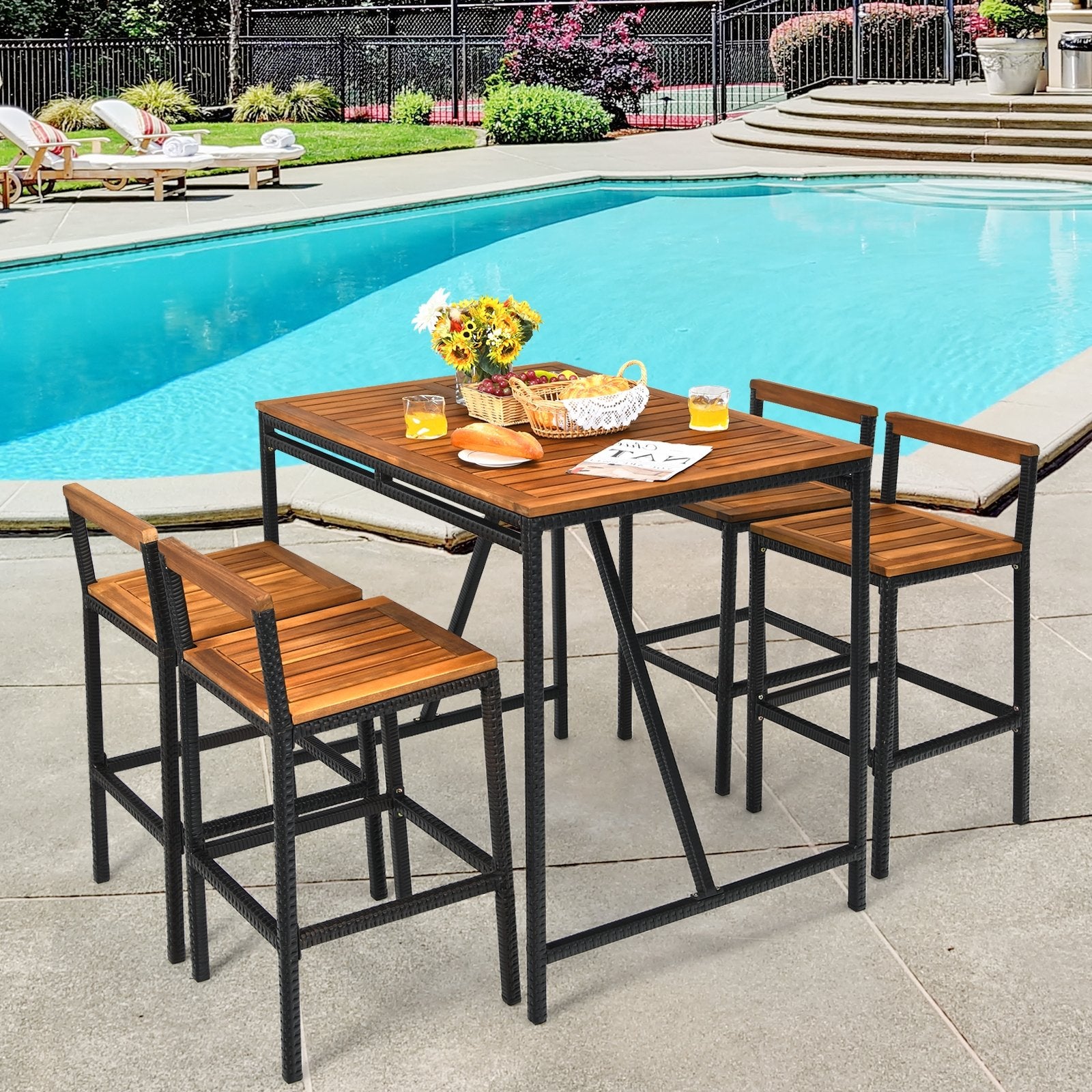 5 Pieces Outdoor Acacia Wood and PE Rattan Bar Set, Brown Patio Bar Furniture   at Gallery Canada