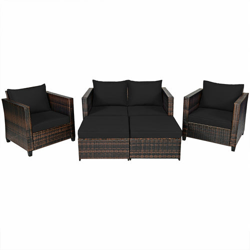 5 Pieces Patio Cushioned Rattan Furniture Set, Black