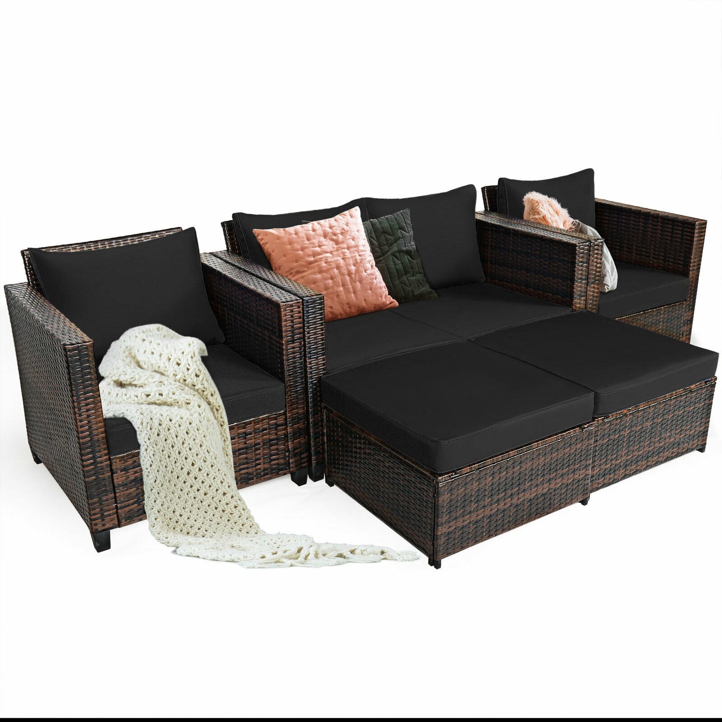 5 Pieces Patio Cushioned Rattan Furniture Set, Black Outdoor Sectionals   at Gallery Canada