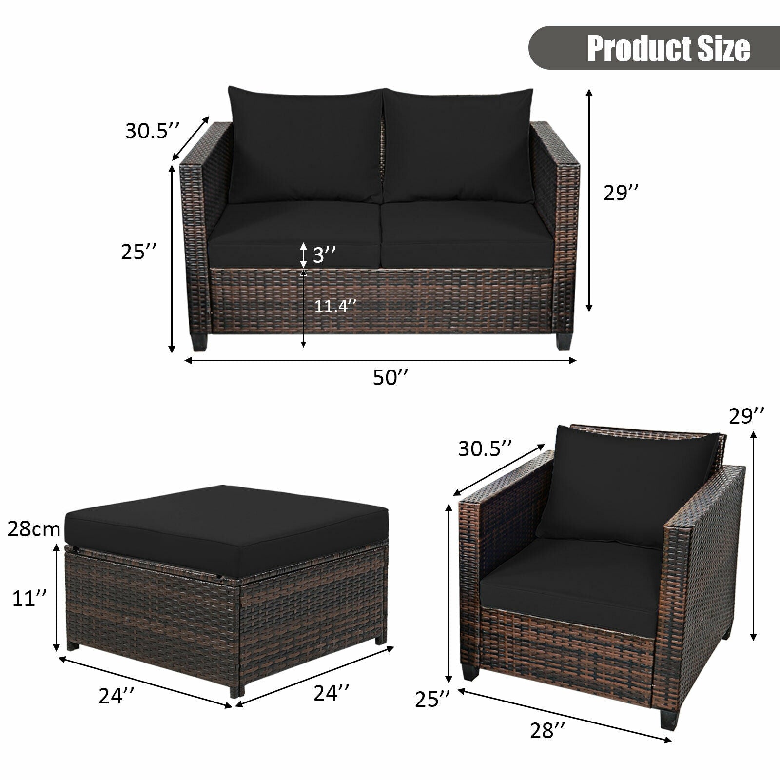 5 Pieces Patio Cushioned Rattan Furniture Set, Black Outdoor Sectionals   at Gallery Canada