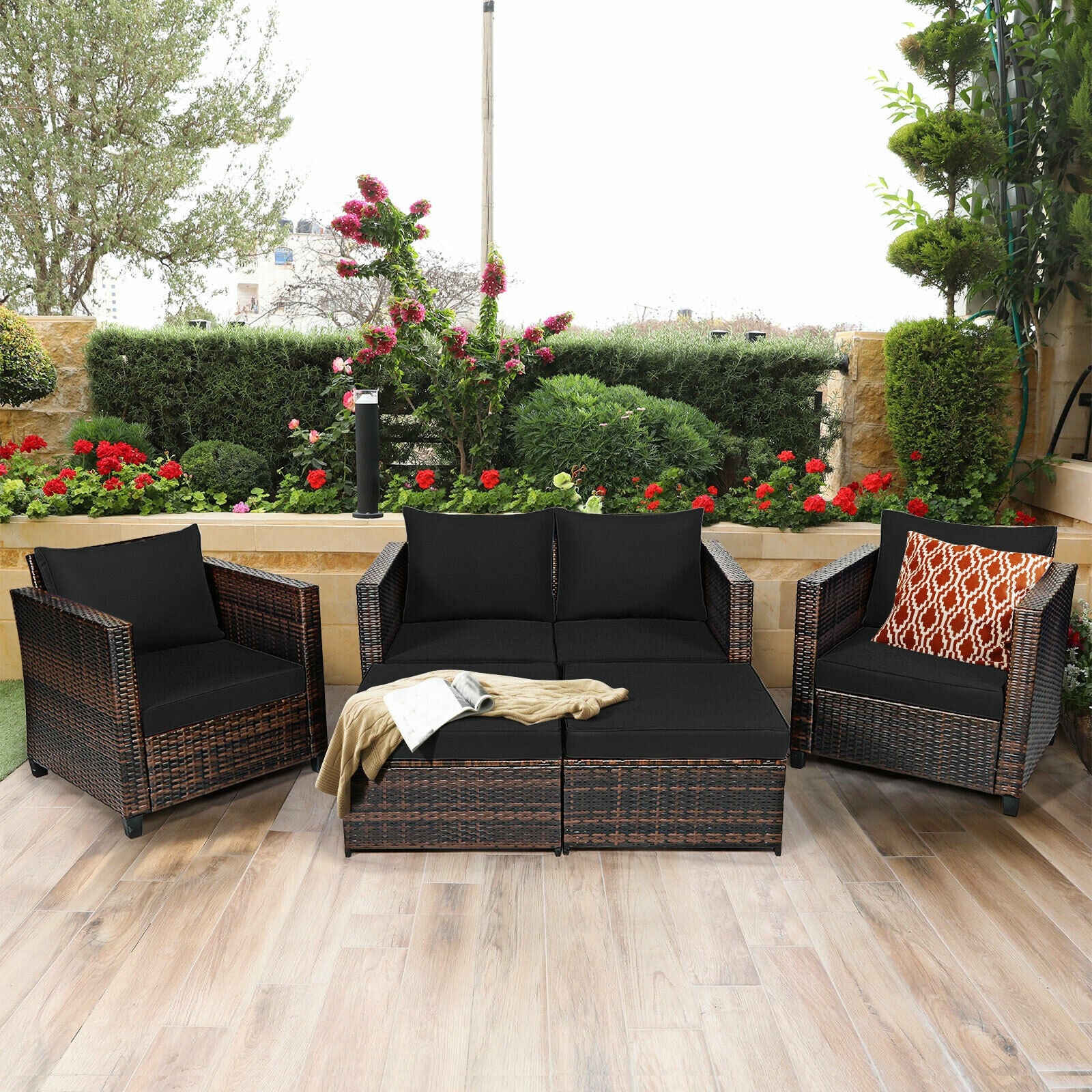 5 Pieces Patio Cushioned Rattan Furniture Set, Black Outdoor Sectionals   at Gallery Canada