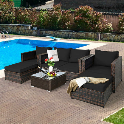 5 Pieces Patio Cushioned Rattan Furniture Set, Black Outdoor Sectionals   at Gallery Canada