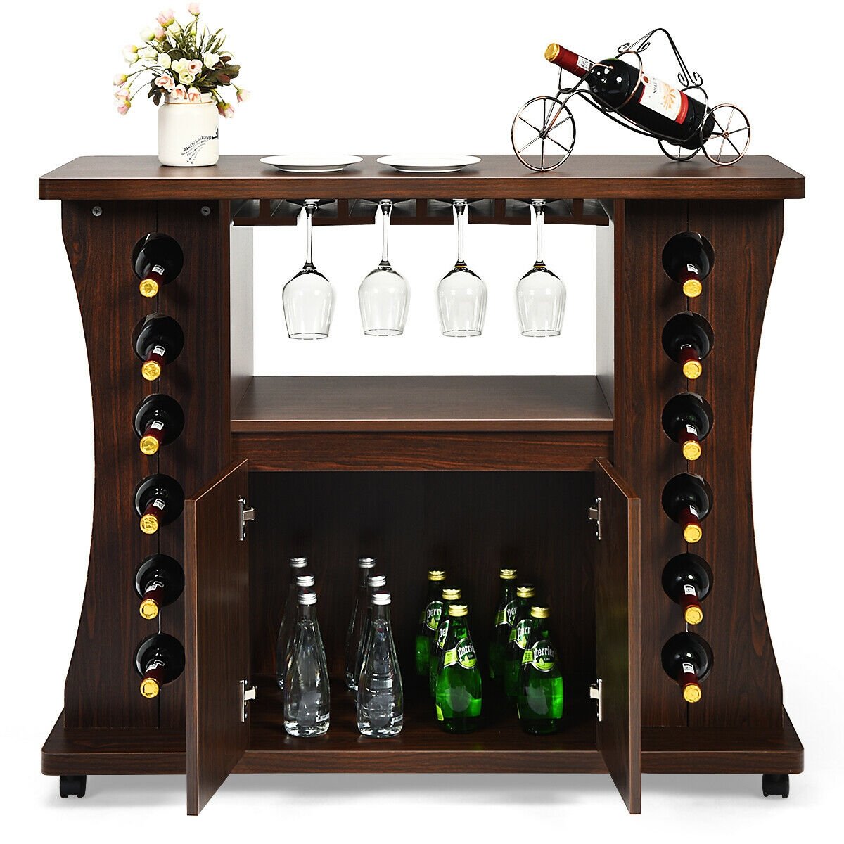 Rolling Buffet Sideboard Wooden Bar Storage Cabinet, Walnut Sideboards Cabinets & Buffets   at Gallery Canada