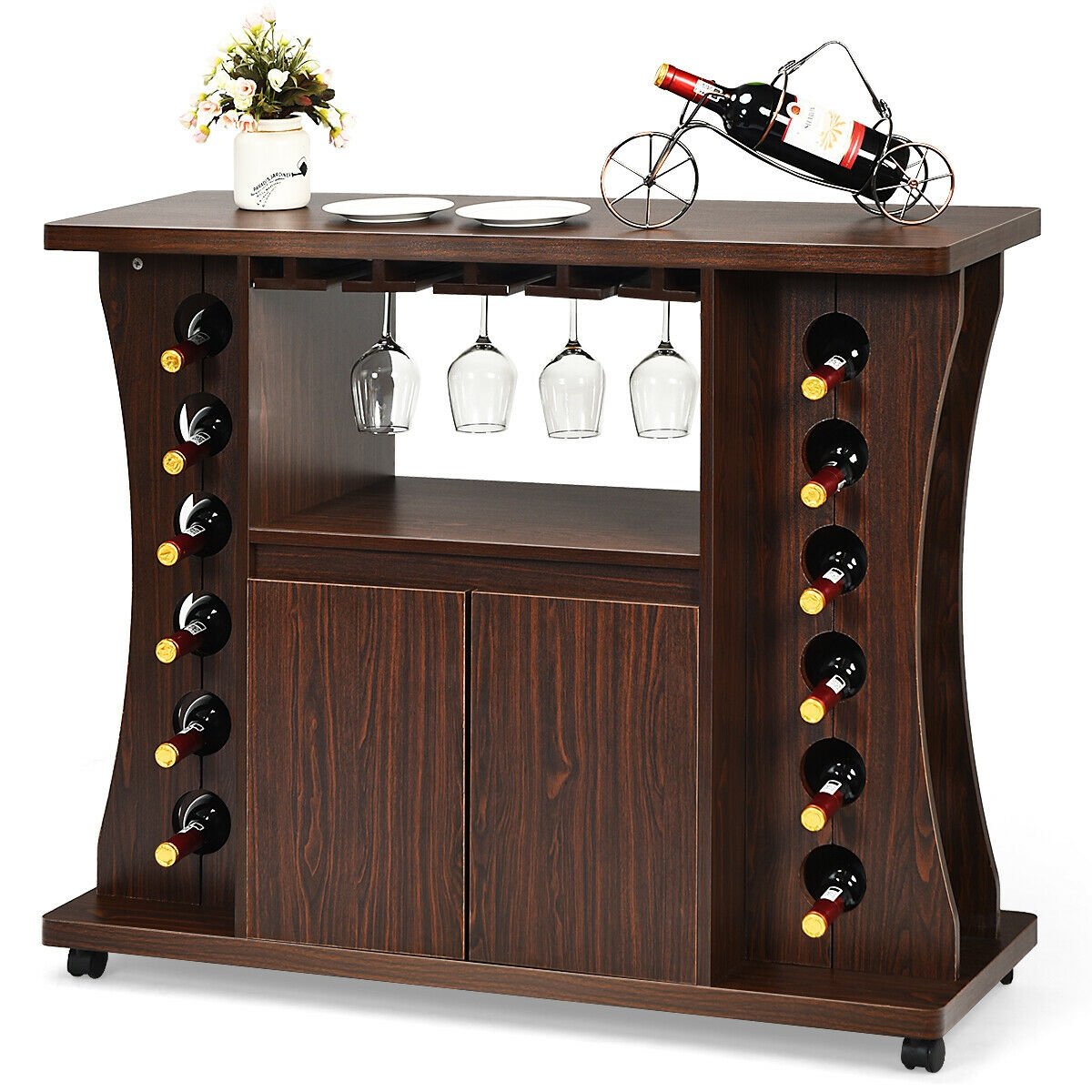 Rolling Buffet Sideboard Wooden Bar Storage Cabinet, Walnut Sideboards Cabinets & Buffets   at Gallery Canada