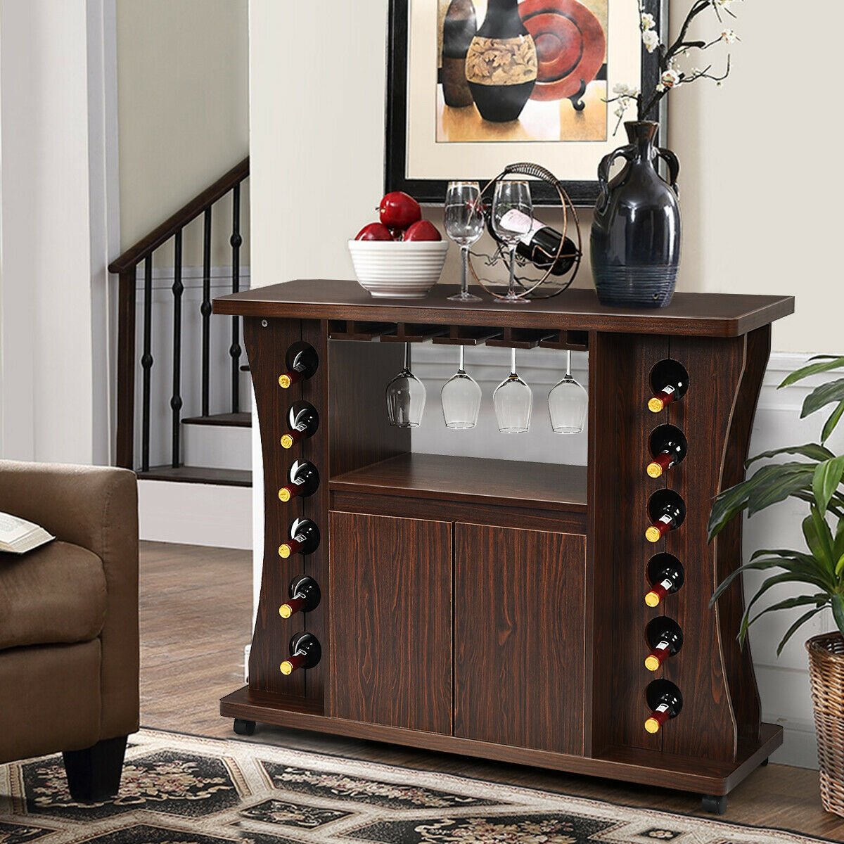 Rolling Buffet Sideboard Wooden Bar Storage Cabinet, Walnut Sideboards Cabinets & Buffets   at Gallery Canada