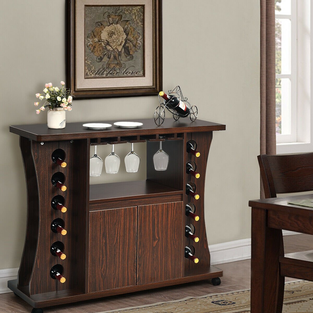 Rolling Buffet Sideboard Wooden Bar Storage Cabinet, Walnut Sideboards Cabinets & Buffets   at Gallery Canada