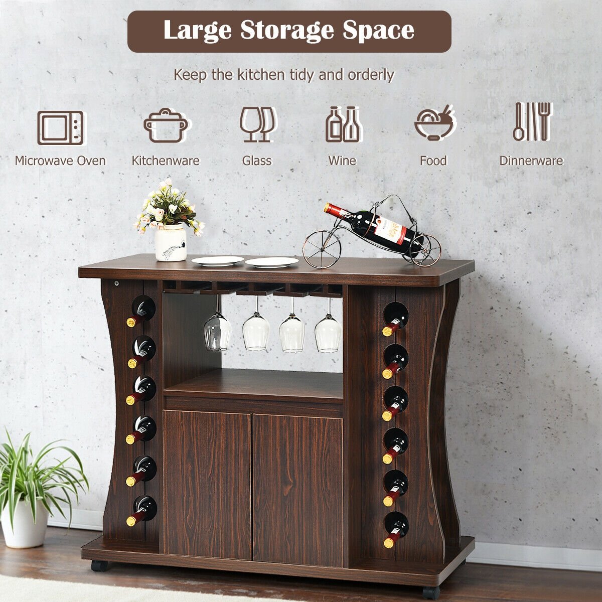 Rolling Buffet Sideboard Wooden Bar Storage Cabinet, Walnut Sideboards Cabinets & Buffets   at Gallery Canada