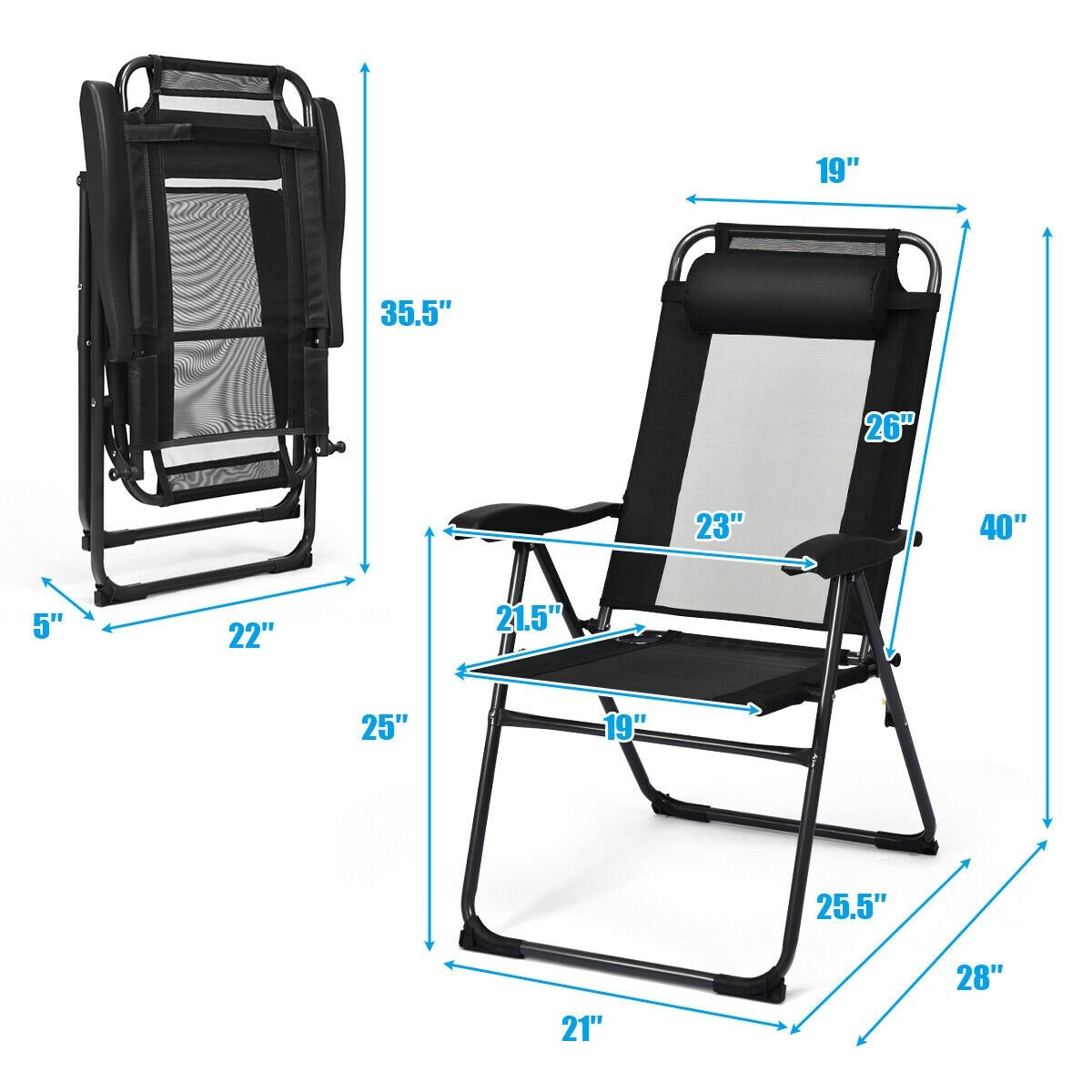 4 Pieces Patio Garden Adjustable Reclining Folding Chairs with Headrest, Black Patio Dining Chairs   at Gallery Canada